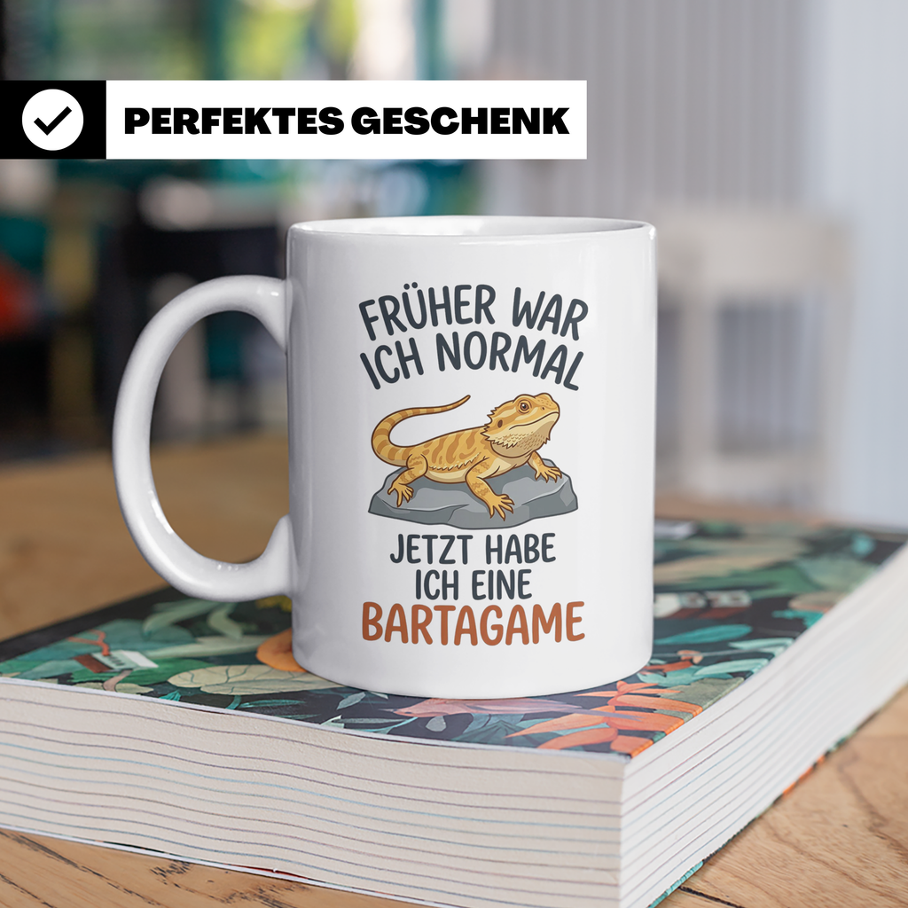 Bartagame Tasse mit Spruch Früher normal. Lustiges Geschenk  – Weiß [farbe:weiß]