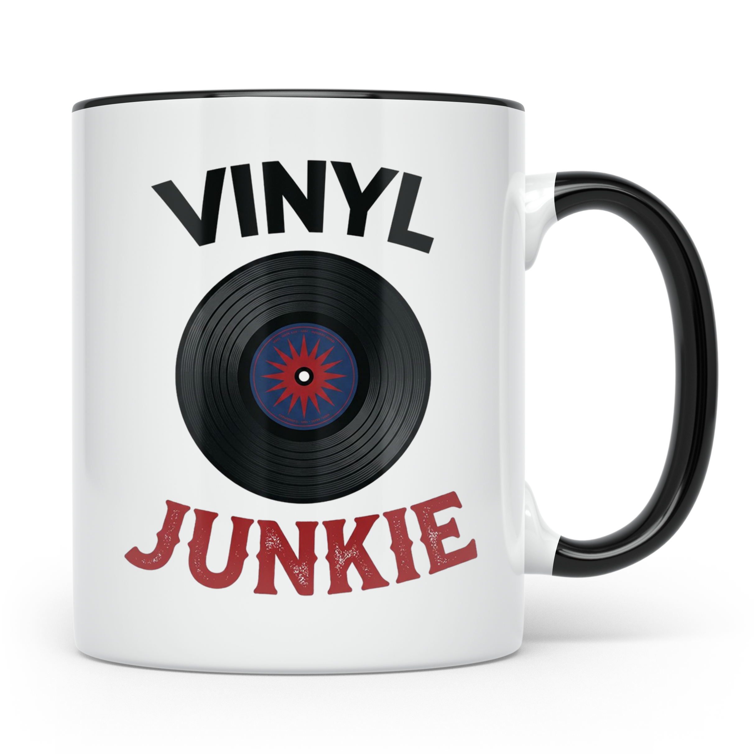 Vinyl Junkie Tasse mit Schallplatte Motiv für Plattensammler – Schwarz [farbe:schwarz]