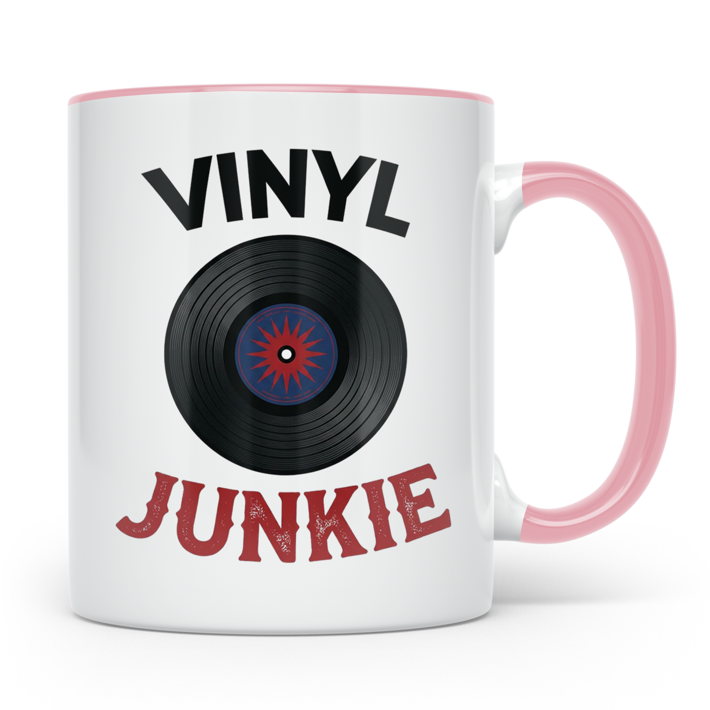Vinyl Junkie Tasse mit Schallplatte Motiv für Plattensammler – Rosa [farbe:rosa]