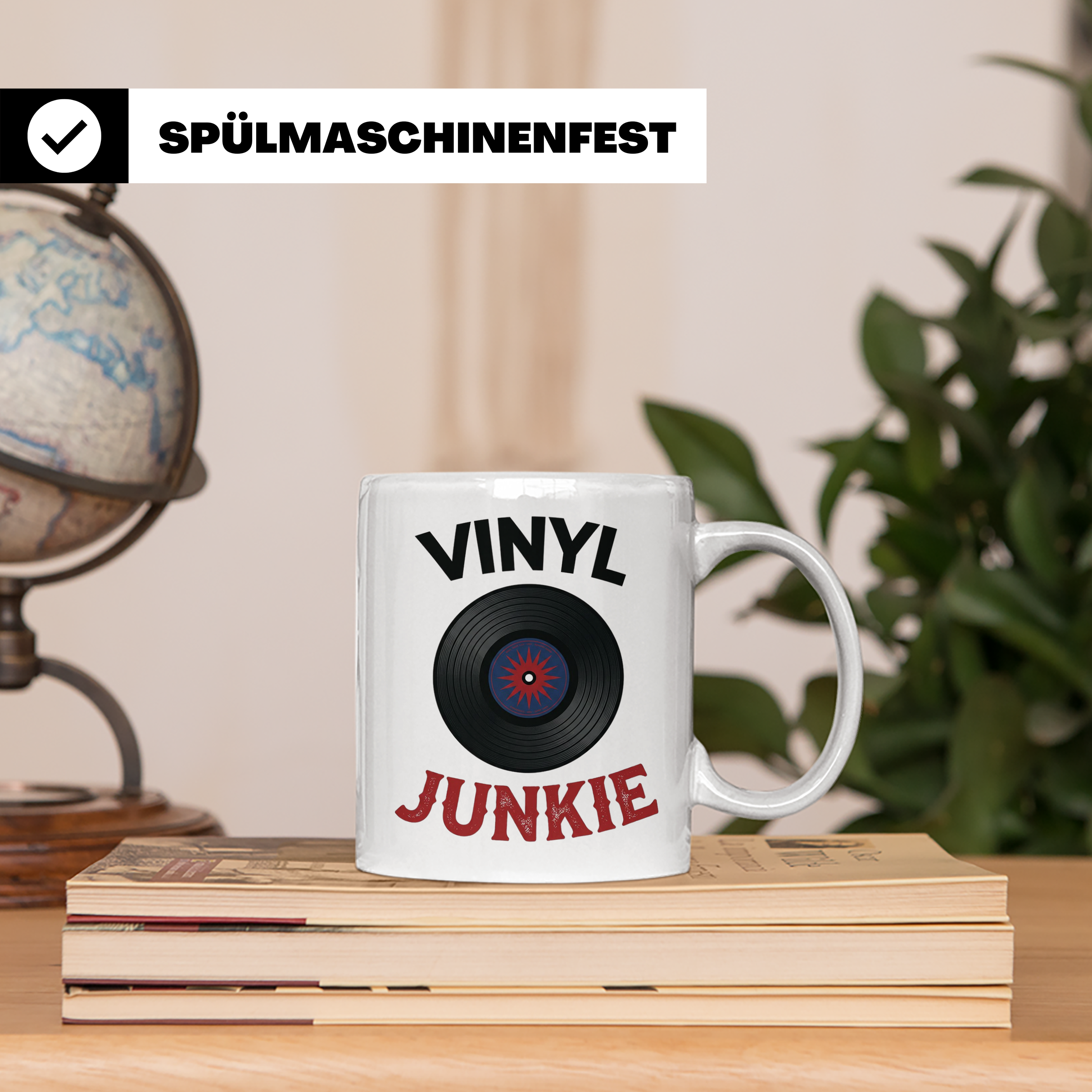 Vinyl Junkie Tasse mit Schallplatte Motiv für Plattensammler – Weiß [farbe:weiß]