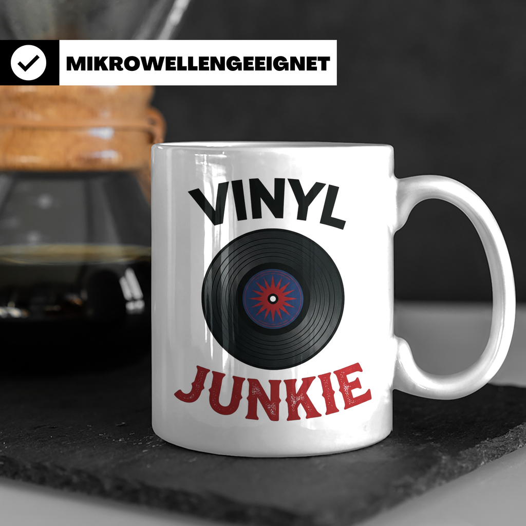 Vinyl Junkie Tasse mit Schallplatte Motiv für Plattensammler – Weiß [farbe:weiß]