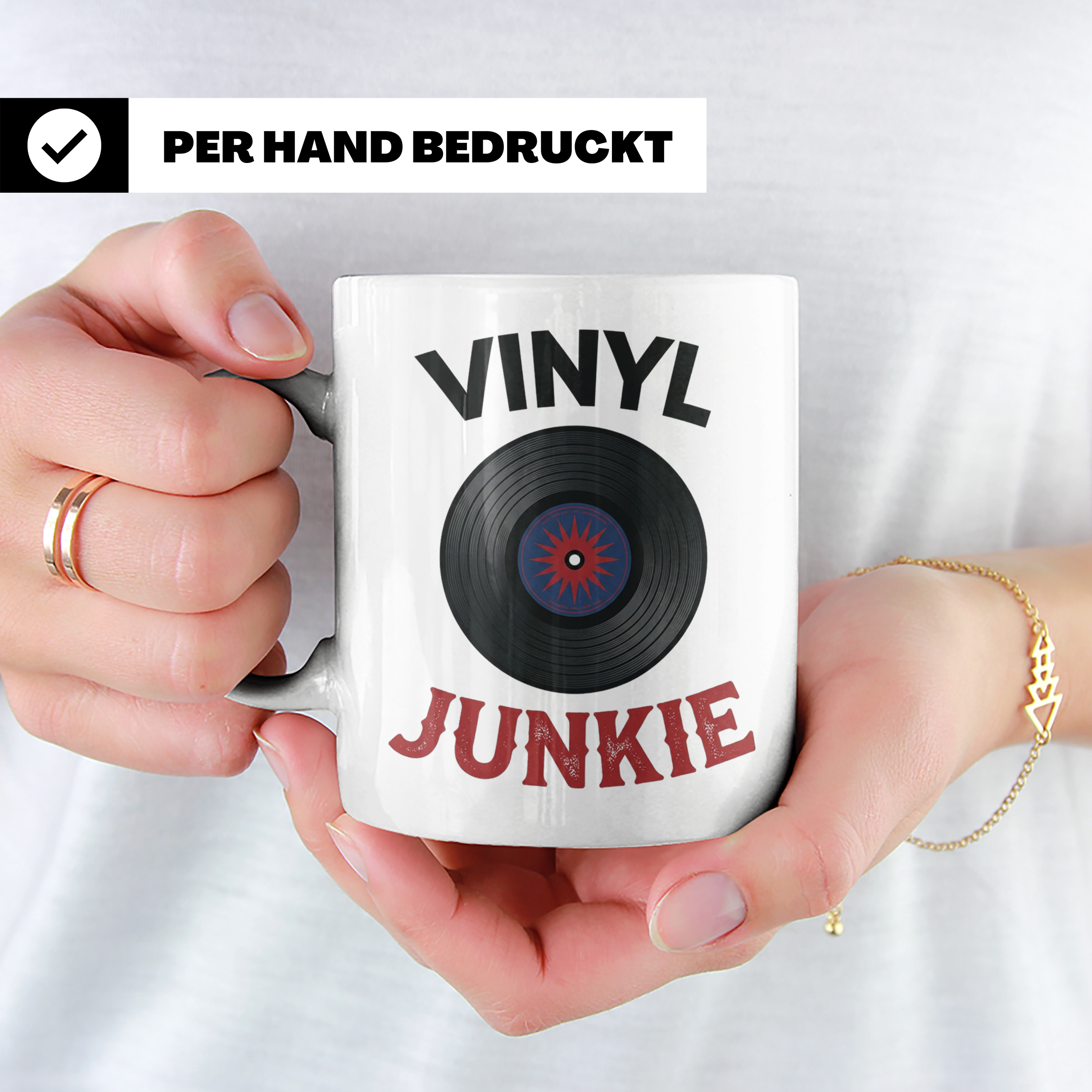 Vinyl Junkie Tasse mit Schallplatte Motiv für Plattensammler – Weiß [farbe:weiß]