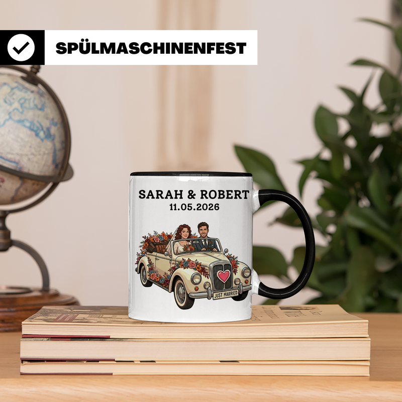 Tasse Hochzeit mit Foto personalisieren - Brautpaar Vintage Auto mit Namen und Datum