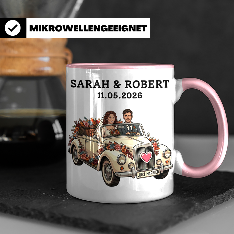 Personalisierte Tasse Brautpaar Cartoon - Hochzeit Geschenk mit Foto und Wunschdatum