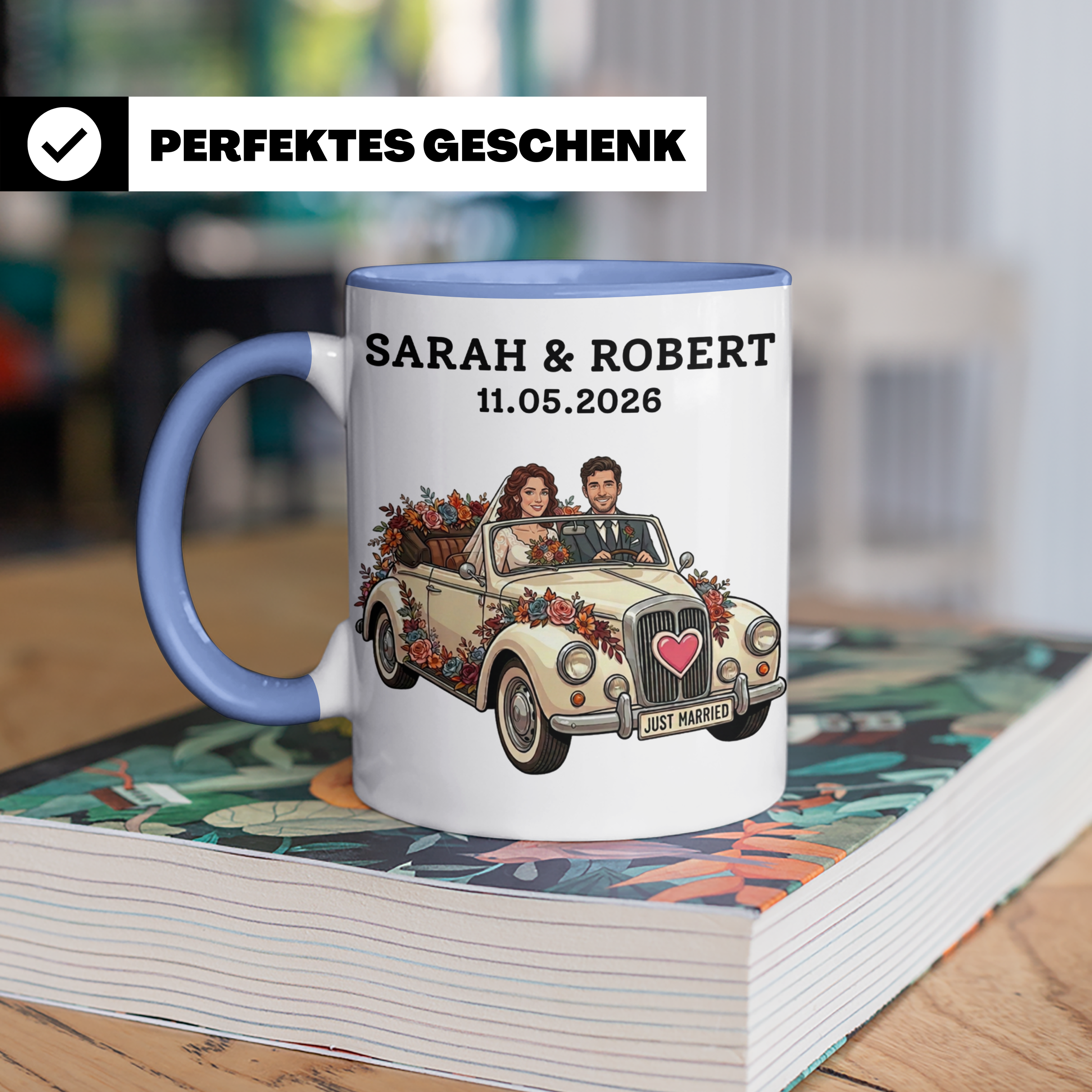 Tasse mit Foto Hochzeit - Brautpaar Vintage Auto Illustration personalisiert