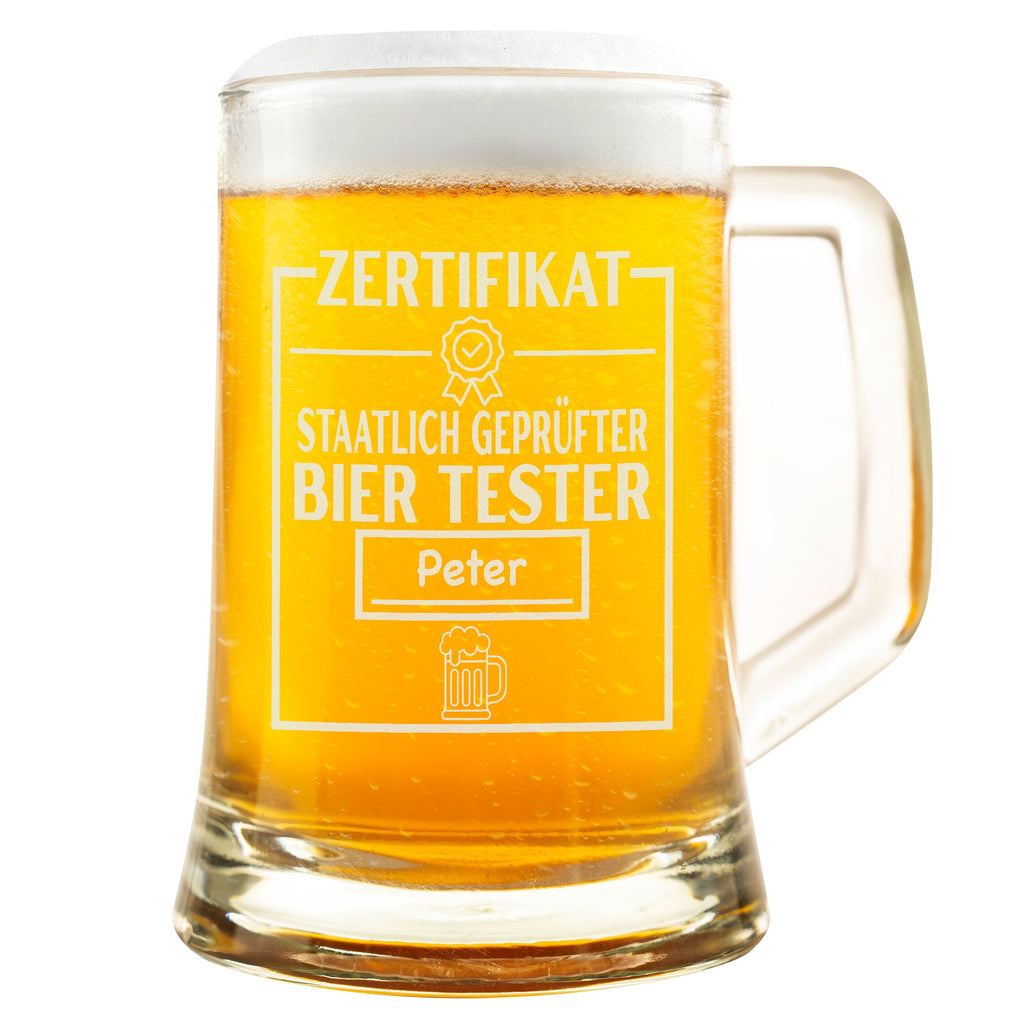 Personalisierter Bierkrug Glas mit Gravur – Staatlich geprüfter Bier Tester, Geschenkidee Männer, Geburtstag, Kollegen, Freunde, Humor