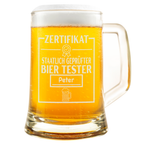 Personalisierter Bierkrug Glas mit Gravur – Staatlich geprüfter Bier Tester, Geschenkidee Männer, Geburtstag, Kollegen, Freunde, Humor
