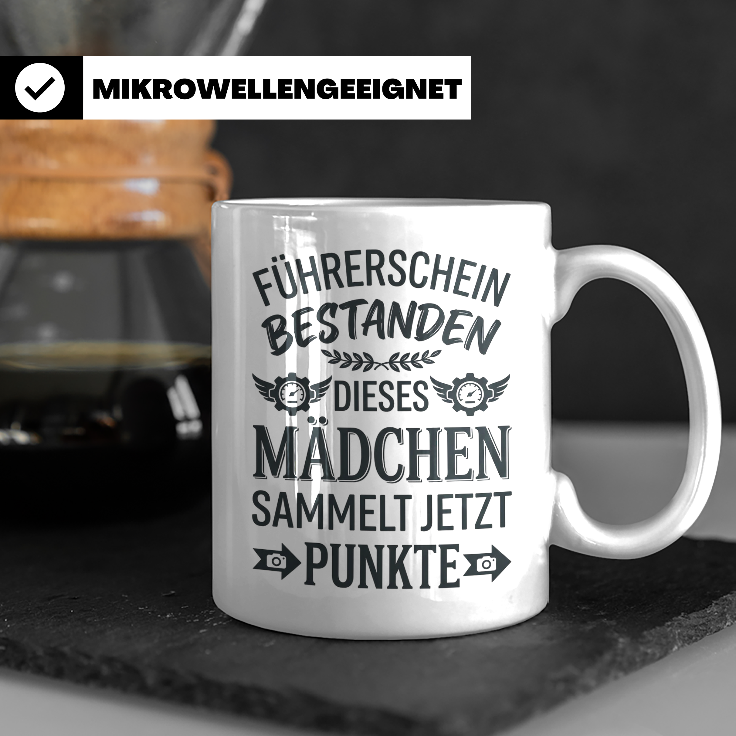 Führerschein Bestanden Tasse für Mädchen, Lustiges Geschenk  – Weiß [farbe:weiß]