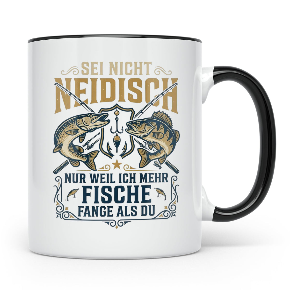 Angler Tasse mit Spruch Sei nicht neidisch | Raubfisch Hecht – Schwarz [farbe:schwarz]