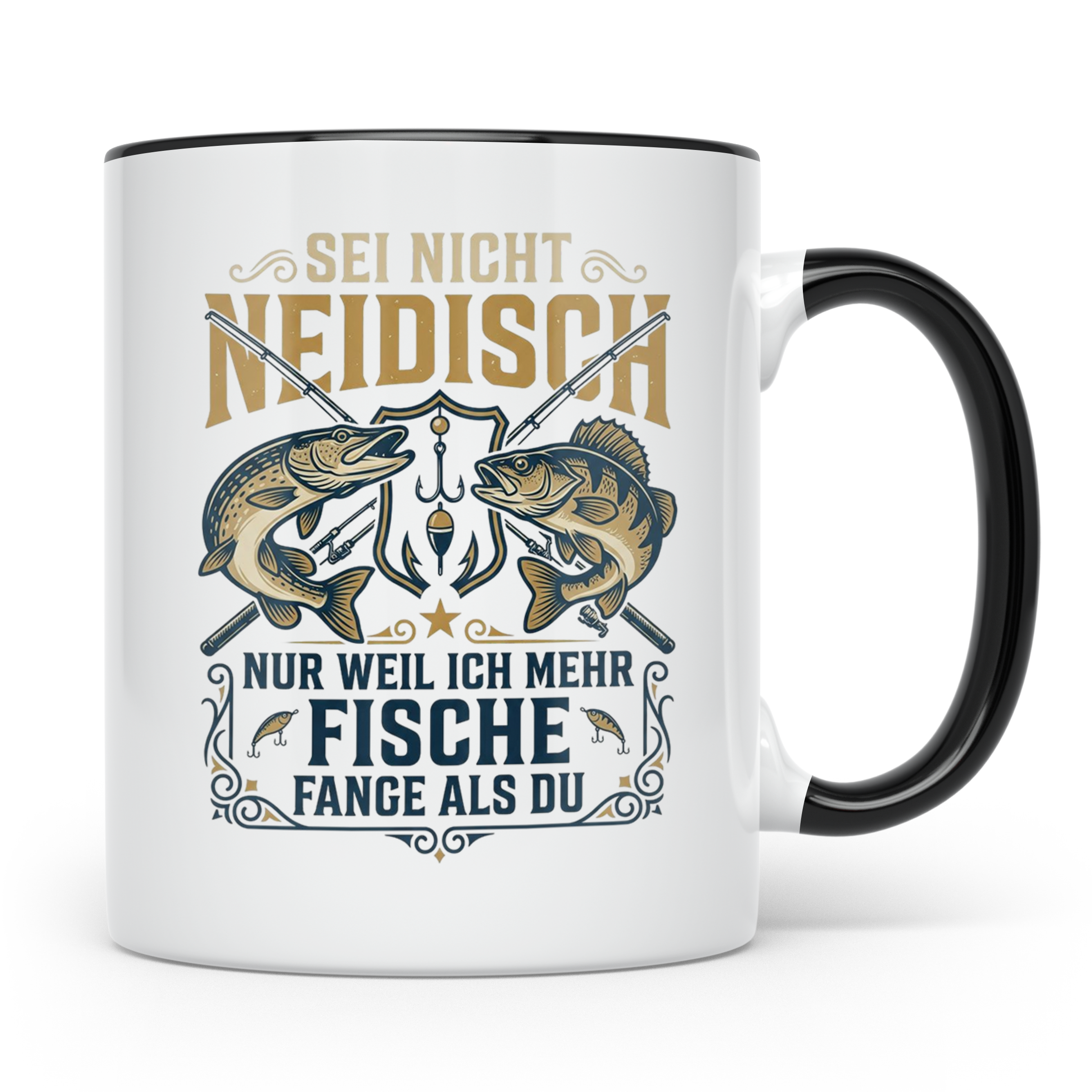 Angler Tasse mit Spruch Sei nicht neidisch | Raubfisch Hecht – Schwarz [farbe:schwarz]