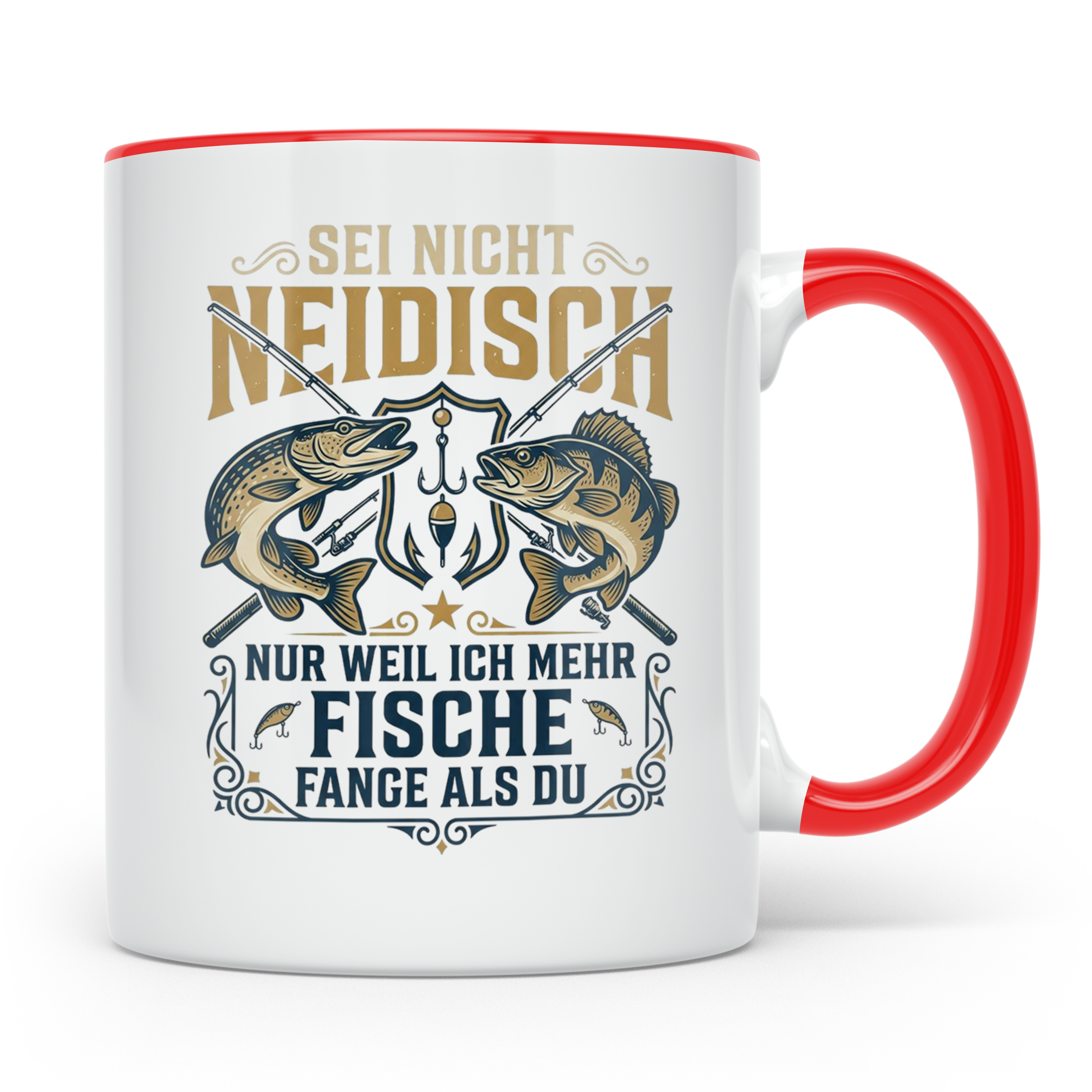 Angler Tasse mit Spruch Sei nicht neidisch | Raubfisch Hecht – Rot [farbe:rot]