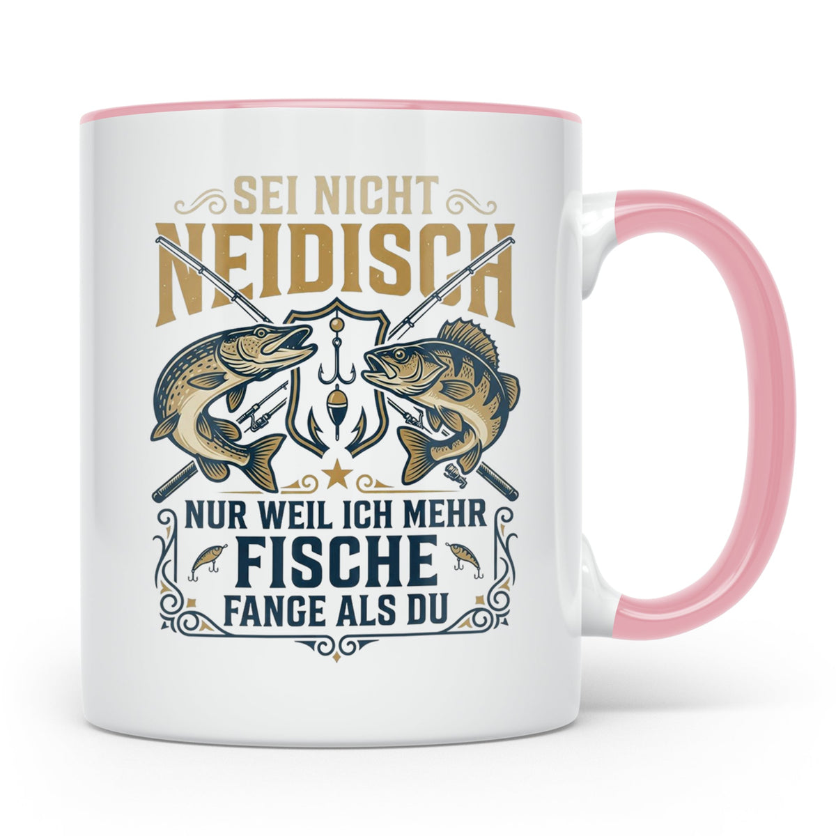 Angler Tasse mit Spruch Sei nicht neidisch | Raubfisch Hecht – Rosa [farbe:rosa]