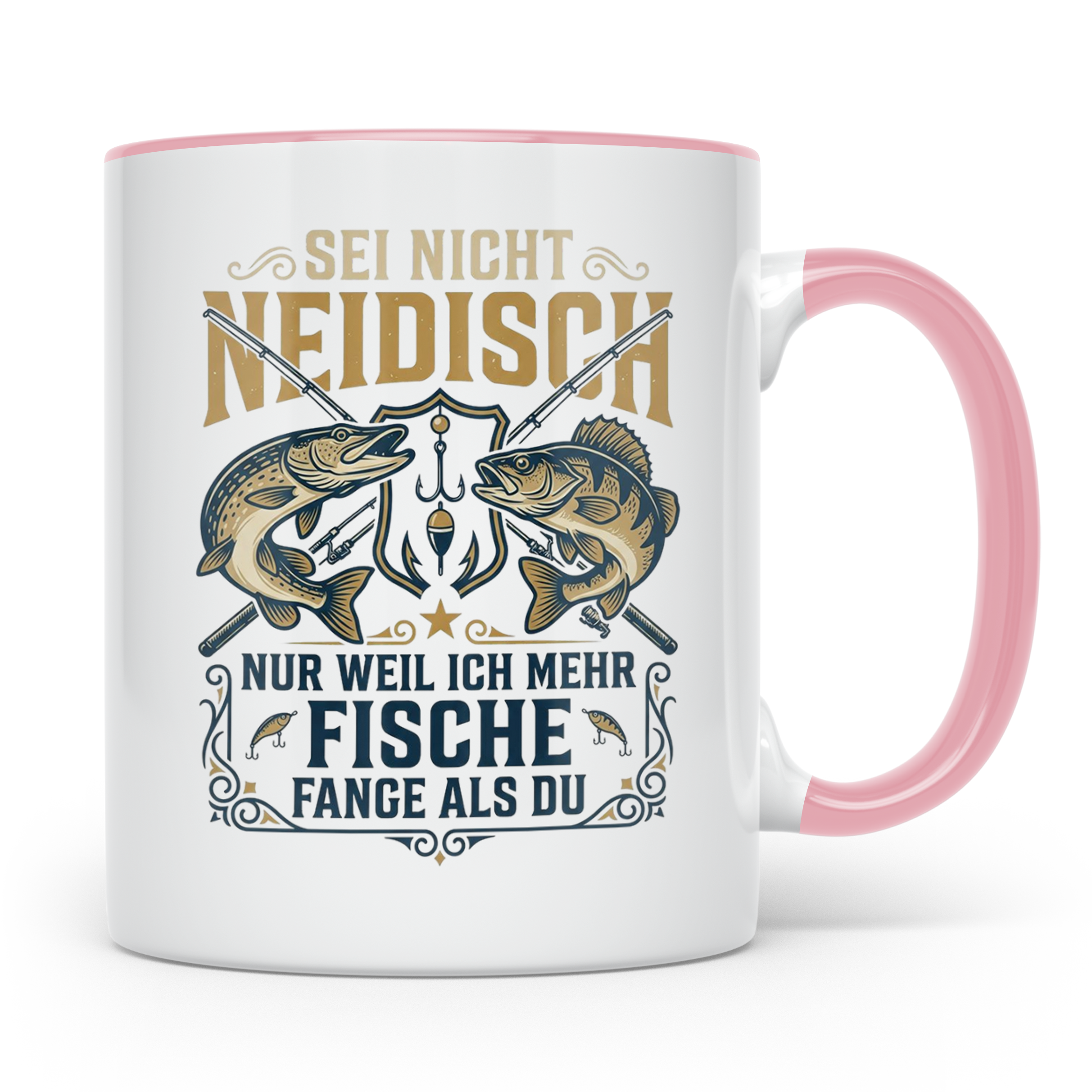 Angler Tasse mit Spruch Sei nicht neidisch | Raubfisch Hecht – Rosa [farbe:rosa]