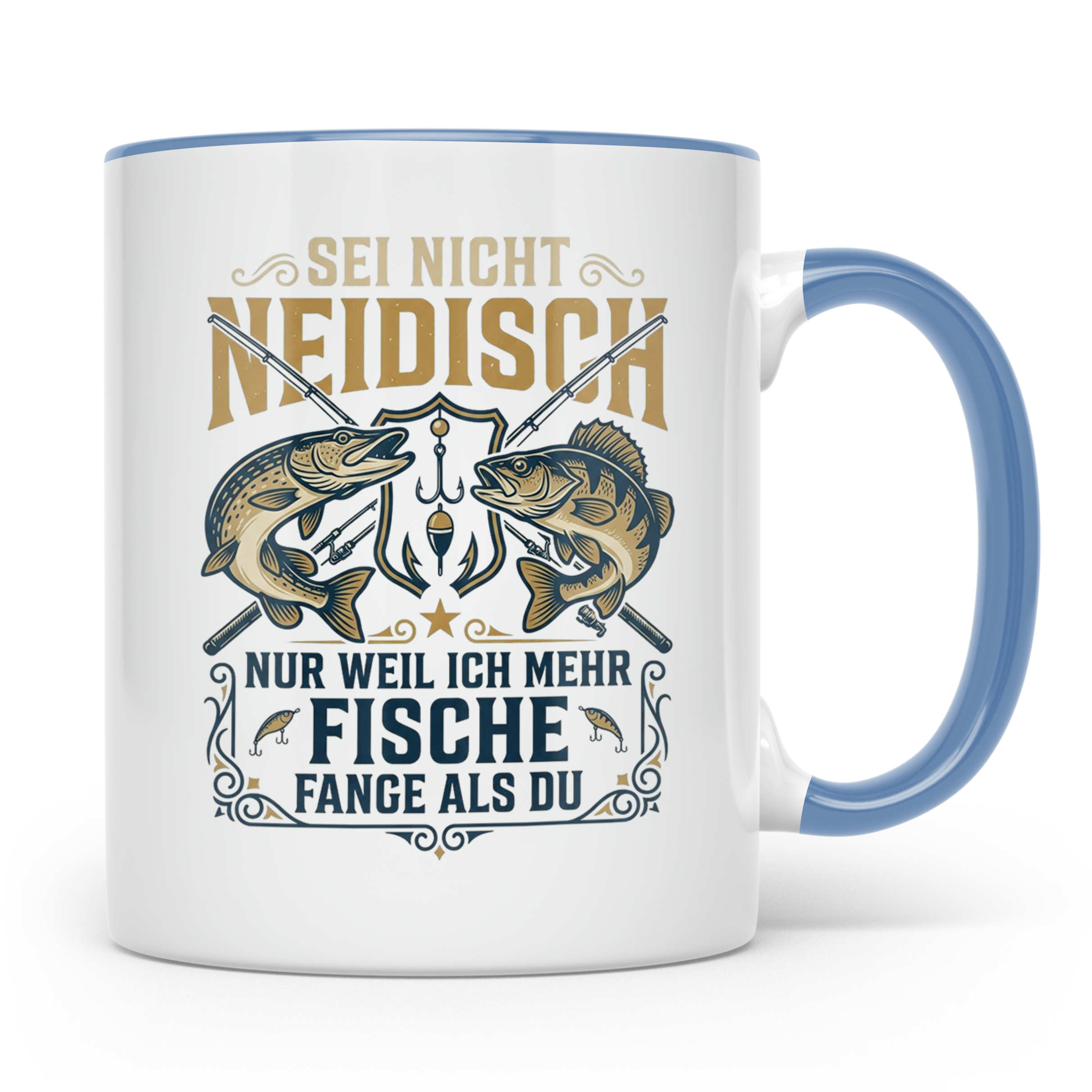 Angler Tasse mit Spruch Sei nicht neidisch | Raubfisch Hecht – Blau [farbe:blau]