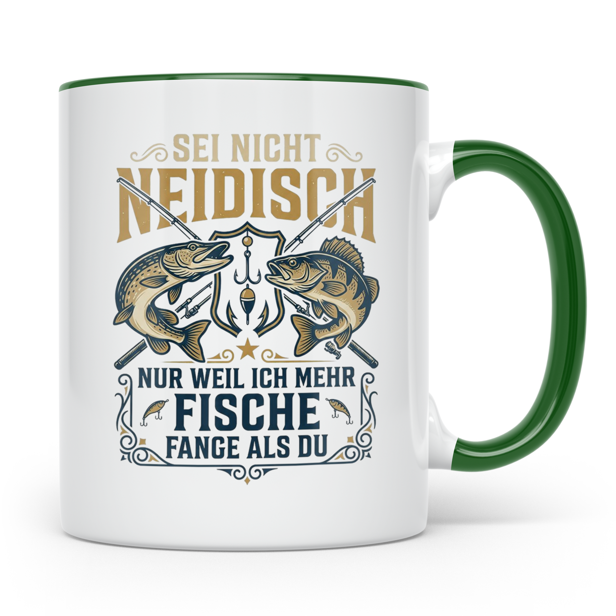Angler Tasse mit Spruch Sei nicht neidisch | Raubfisch Hecht – Grün [farbe:grün]