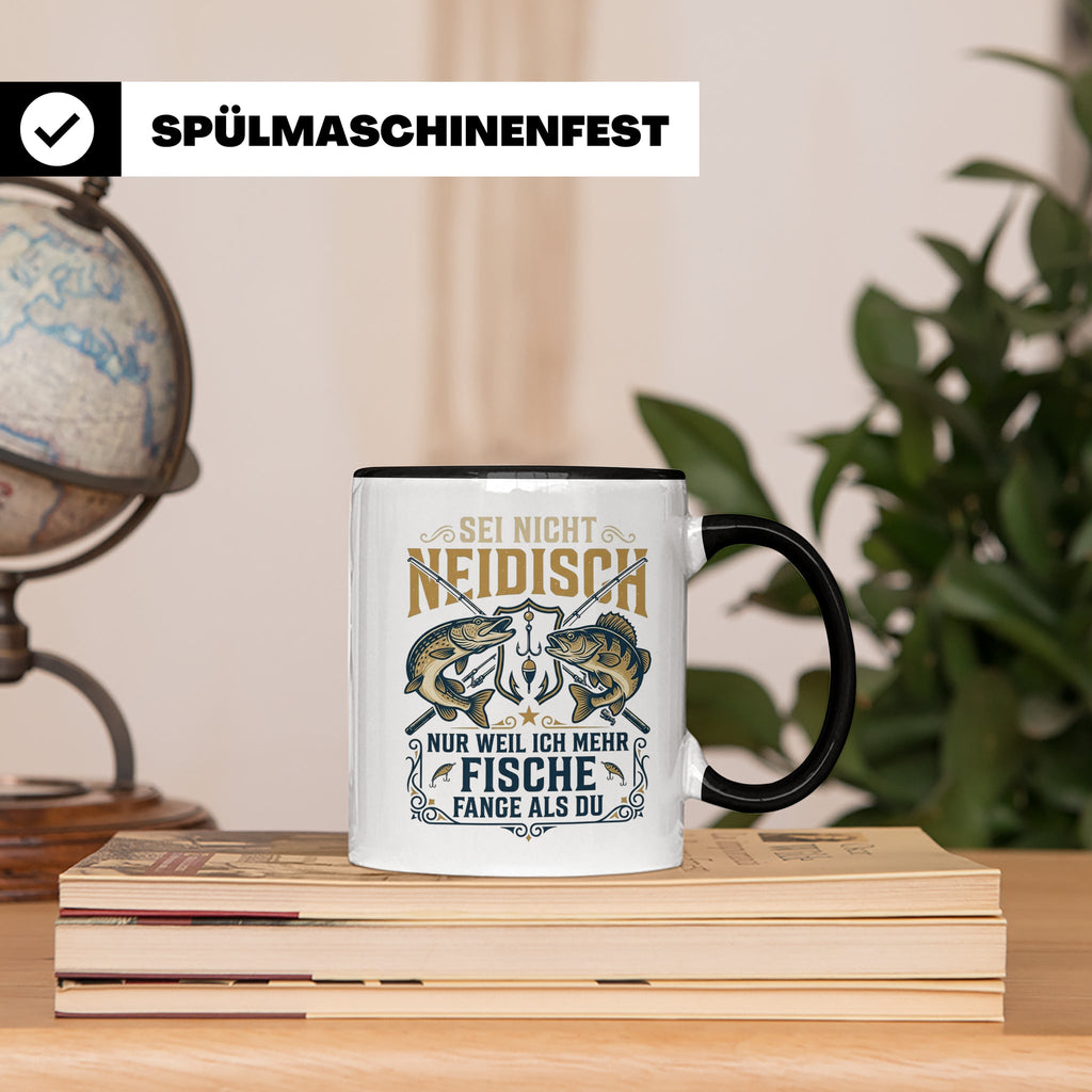 Angler Tasse mit Spruch Sei nicht neidisch | Raubfisch Hecht – Schwarz [farbe:schwarz]