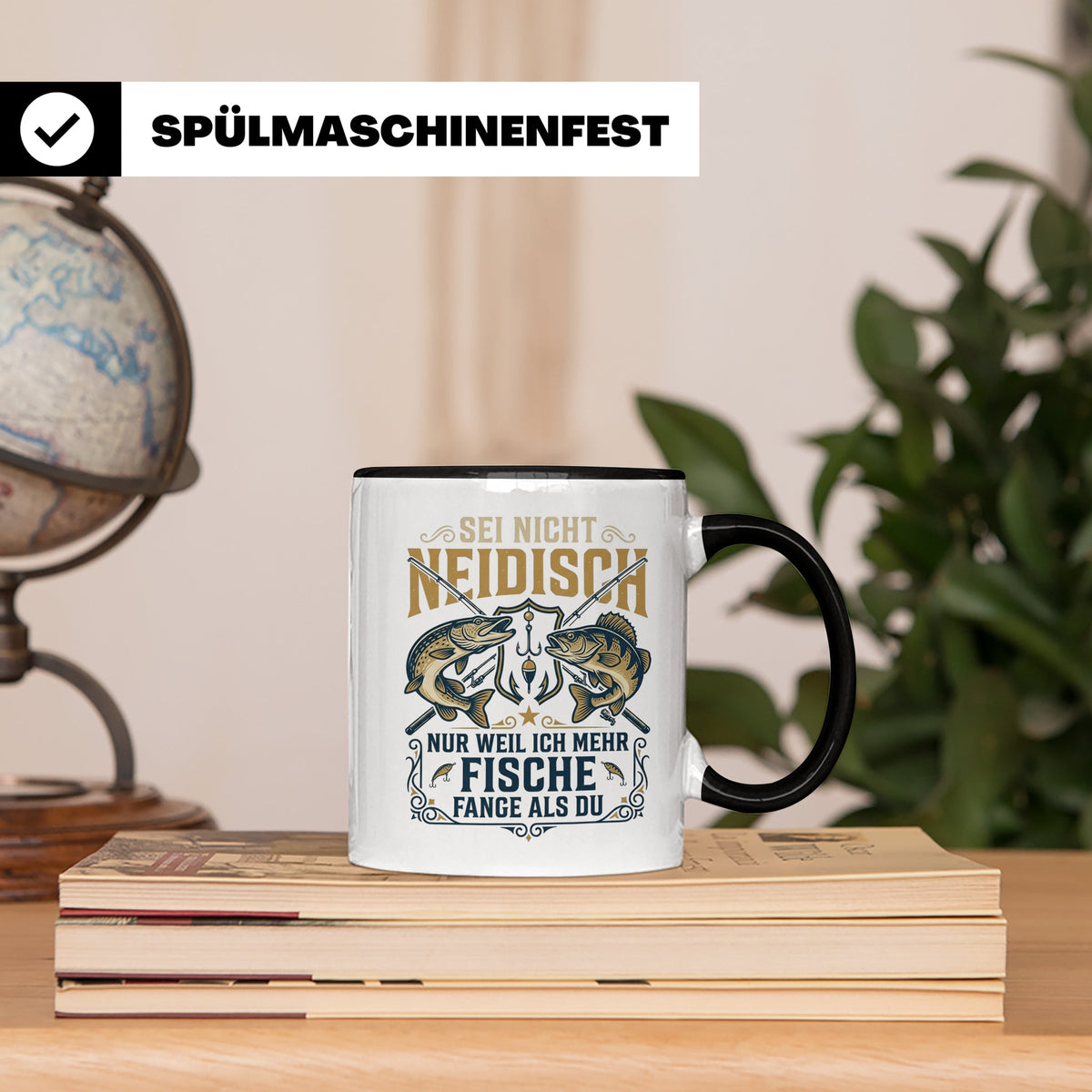 Angler Tasse mit Spruch Sei nicht neidisch | Raubfisch Hecht – Schwarz [farbe:schwarz]