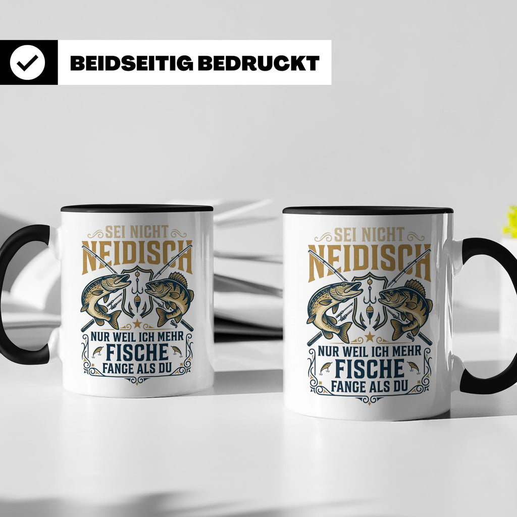 Angler Tasse mit Spruch Sei nicht neidisch | Raubfisch Hecht – Schwarz [farbe:schwarz]