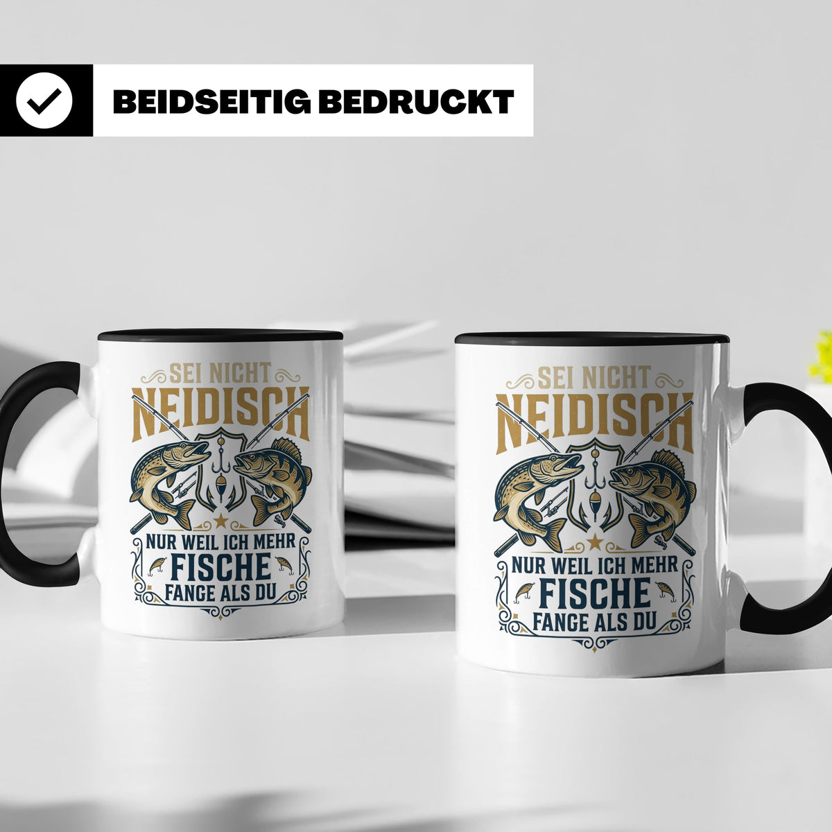 Angler Tasse mit Spruch Sei nicht neidisch | Raubfisch Hecht – Schwarz [farbe:schwarz]