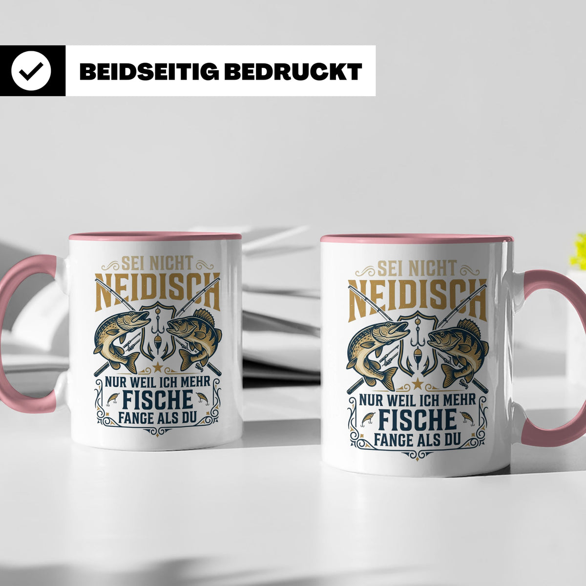 Angler Tasse mit Spruch Sei nicht neidisch | Raubfisch Hecht – Rosa [farbe:rosa]