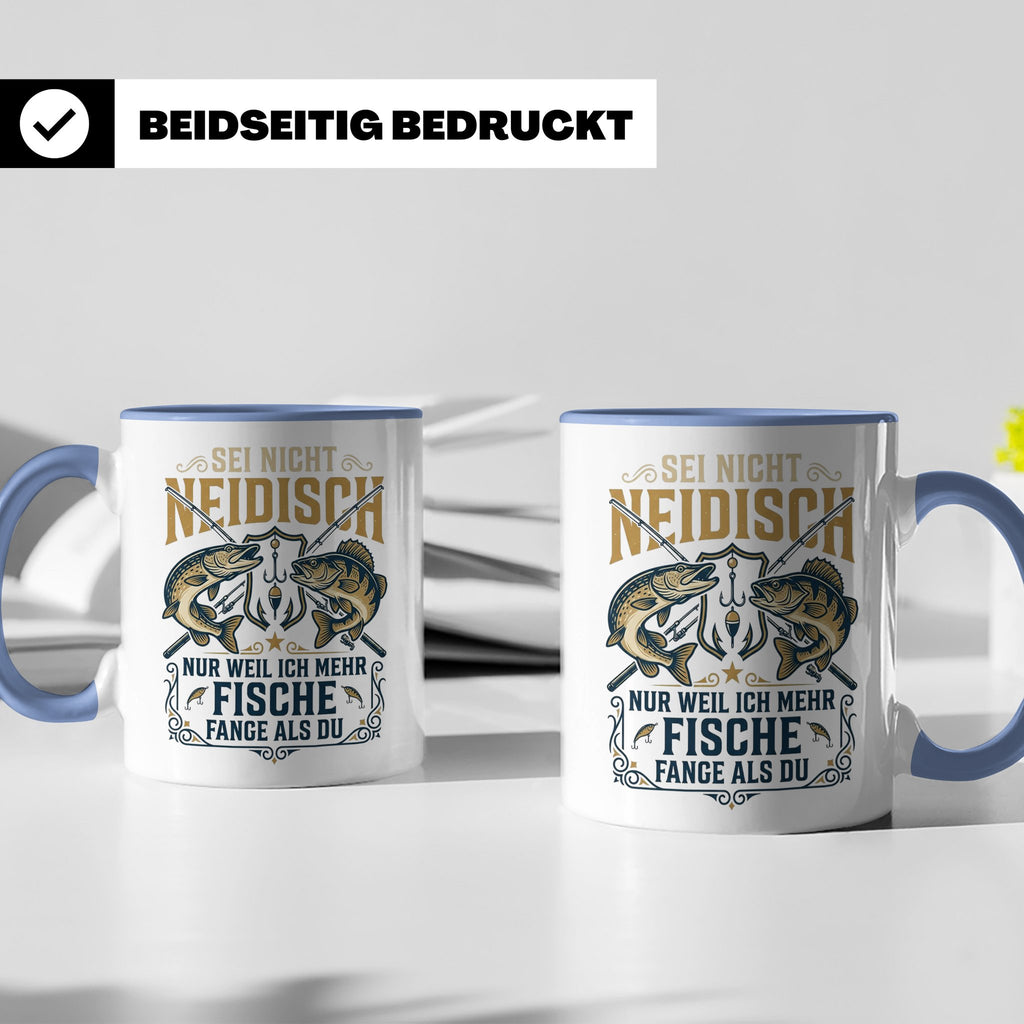 Angler Tasse mit Spruch Sei nicht neidisch | Raubfisch Hecht – Blau [farbe:blau]