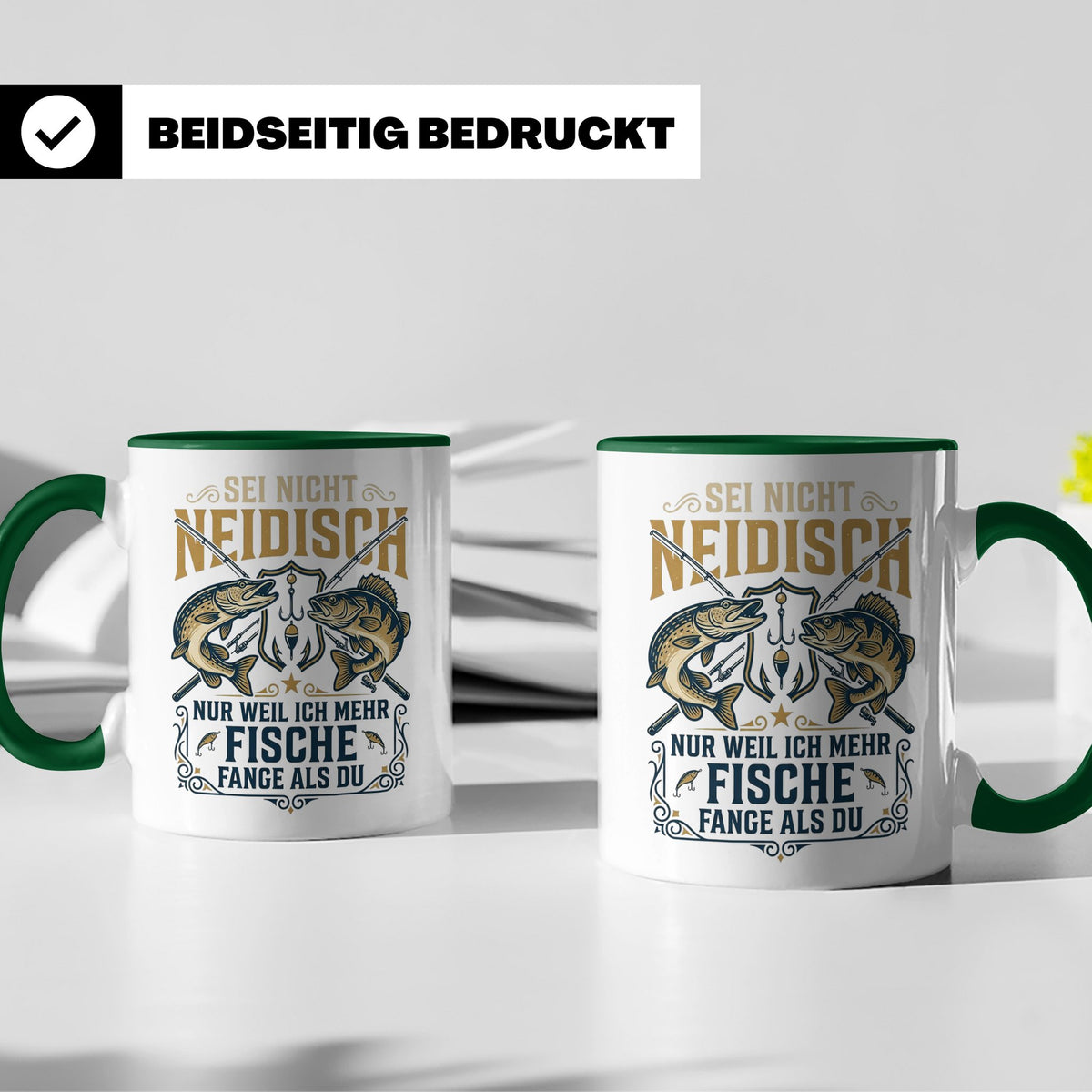 Angler Tasse mit Spruch Sei nicht neidisch | Raubfisch Hecht – Grün [farbe:grün]