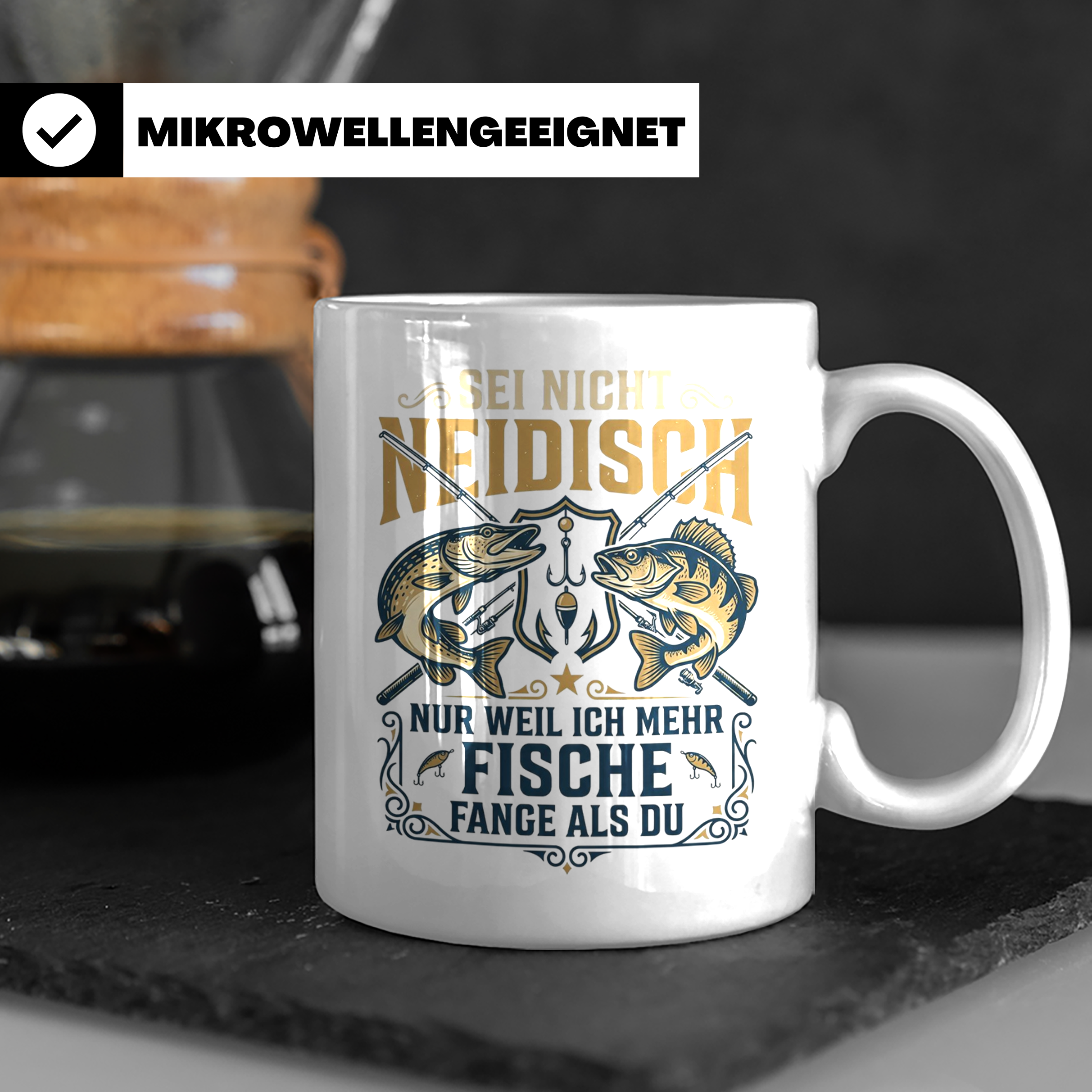 Angler Tasse mit Spruch Sei nicht neidisch | Raubfisch Hecht – Weiß [farbe:weiß]