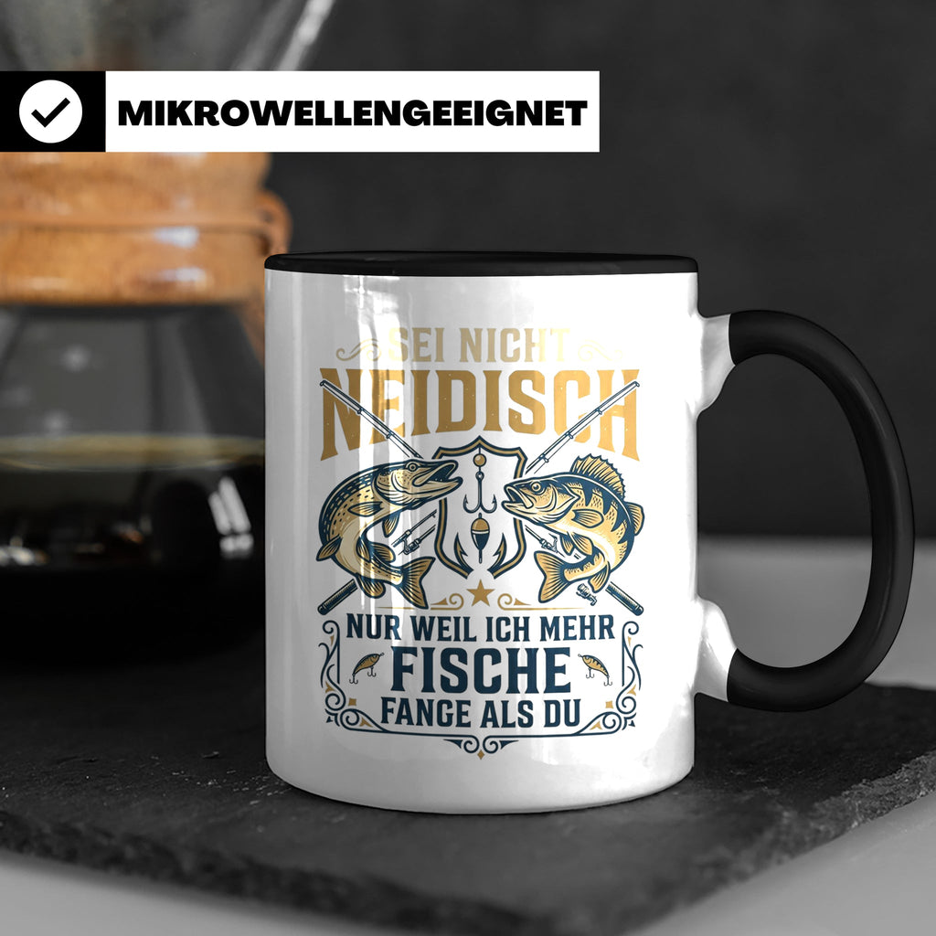 Angler Tasse mit Spruch Sei nicht neidisch | Raubfisch Hecht – Schwarz [farbe:schwarz]