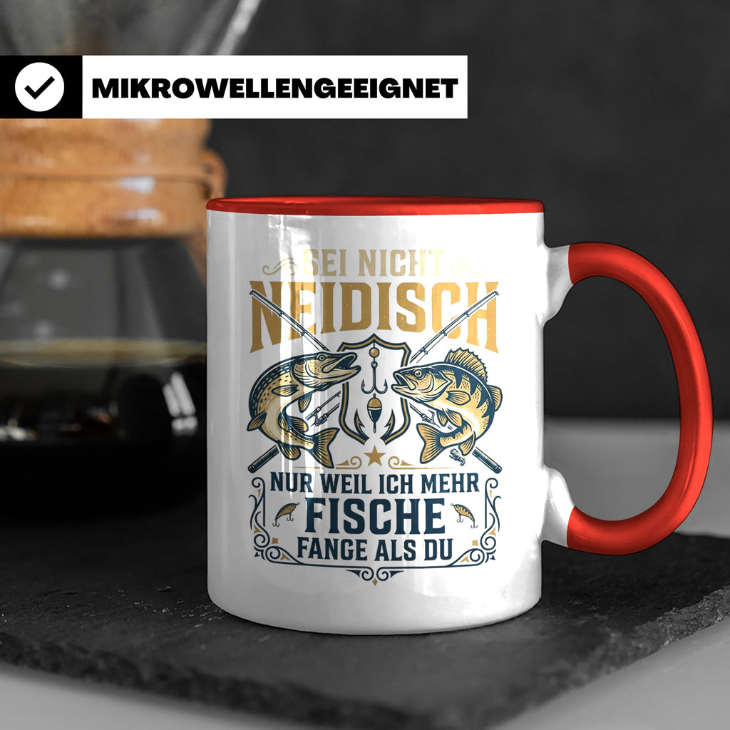 Angler Tasse mit Spruch Sei nicht neidisch | Raubfisch Hecht – Rot [farbe:rot]