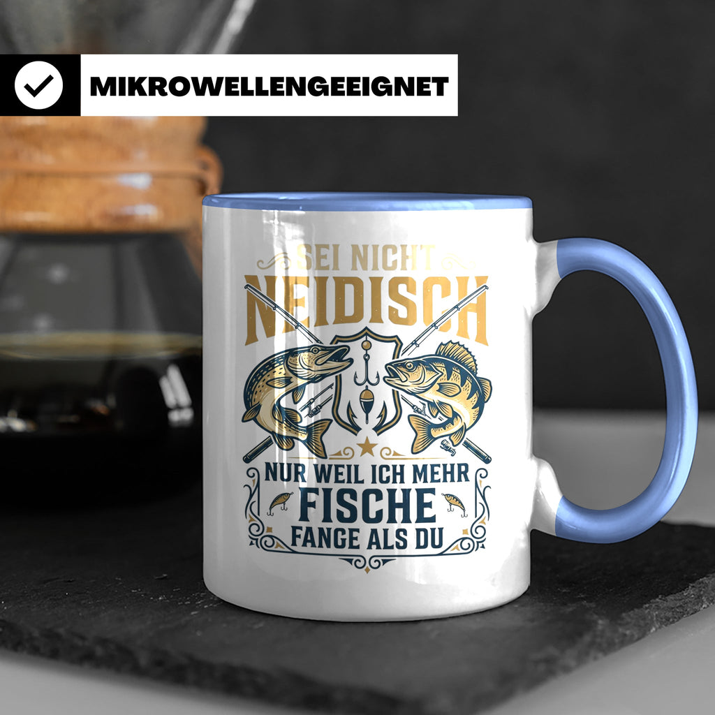 Angler Tasse mit Spruch Sei nicht neidisch | Raubfisch Hecht – Blau [farbe:blau]