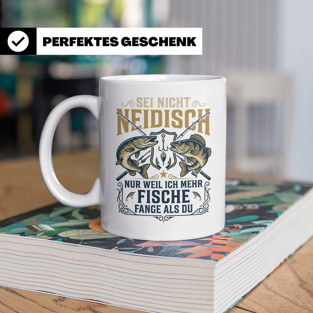 Angler Tasse mit Spruch Sei nicht neidisch | Raubfisch Hecht – Weiß [farbe:weiß]