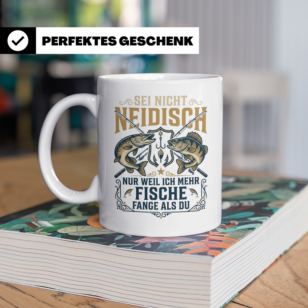 Angler Tasse mit Spruch Sei nicht neidisch | Raubfisch Hecht – Weiß [farbe:weiß]
