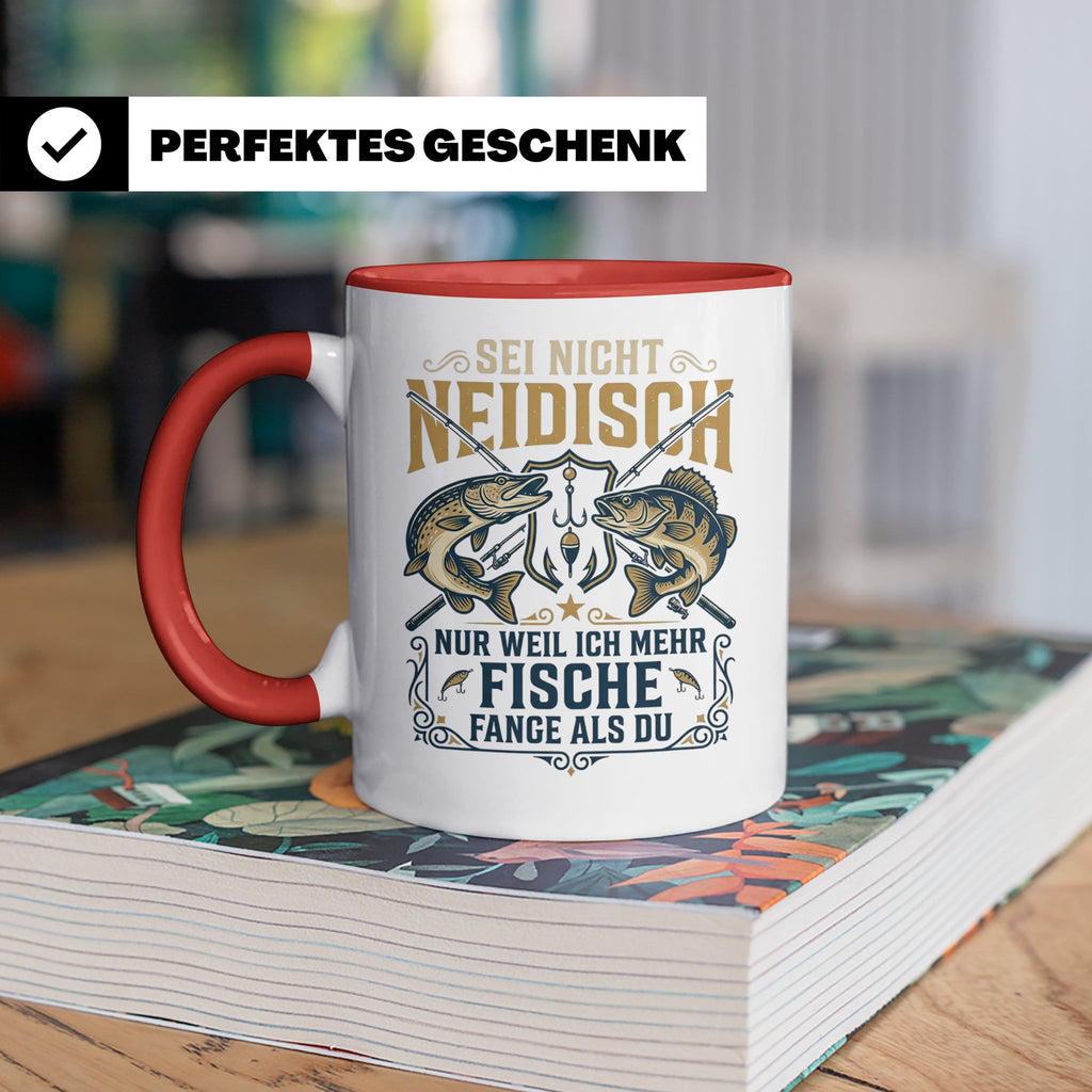 Angler Tasse mit Spruch Sei nicht neidisch | Raubfisch Hecht – Rot [farbe:rot]