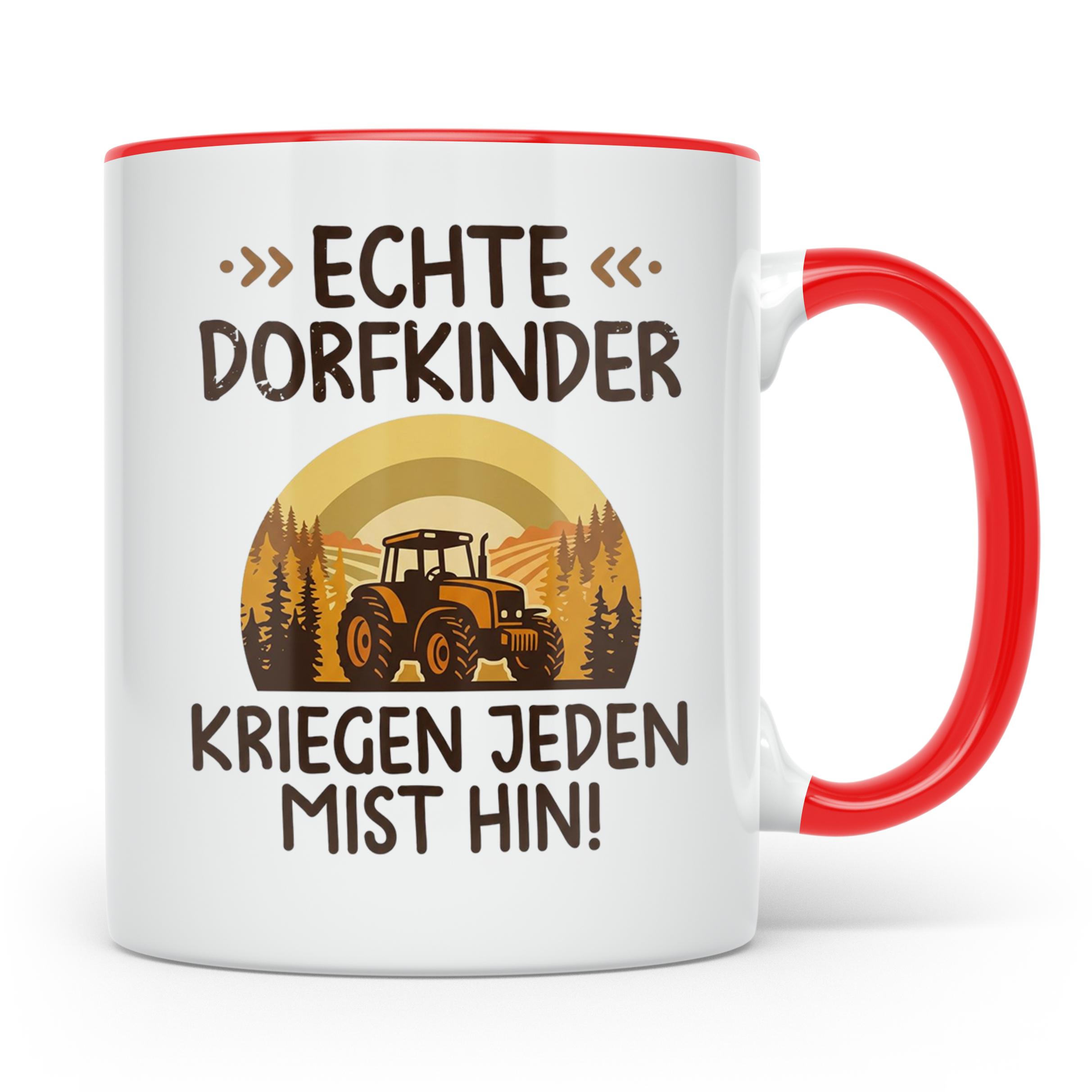 Dorfkind Tasse mit Traktor Spruch, Geschenk für Bauer & Land – Rot [farbe:rot]