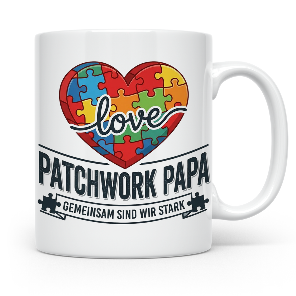 Patchwork Papa Tasse mit Puzzle Herz Spruch Gemeinsam sind w – Weiß [farbe:weiß]