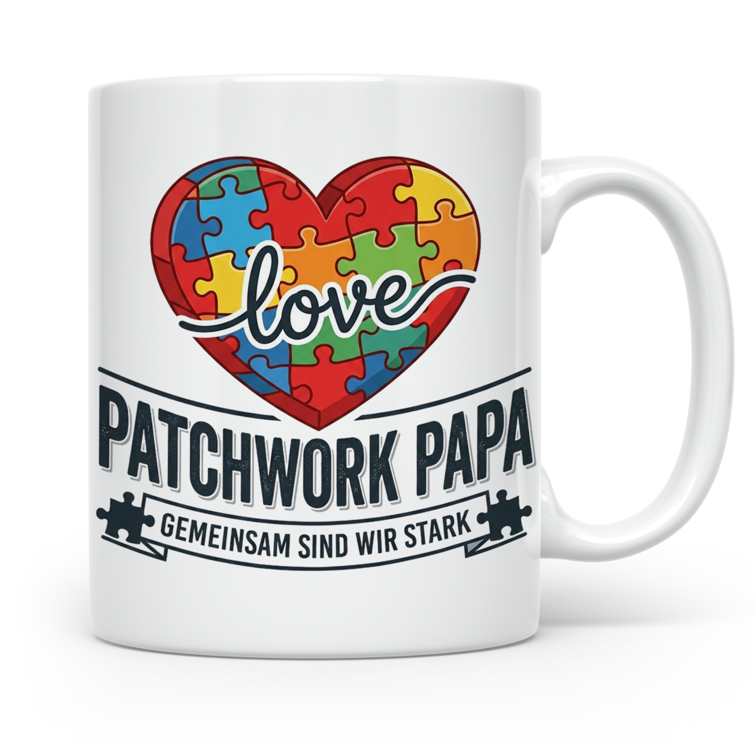 Patchwork Papa Tasse mit Puzzle Herz Spruch Gemeinsam sind w – Weiß [farbe:weiß]