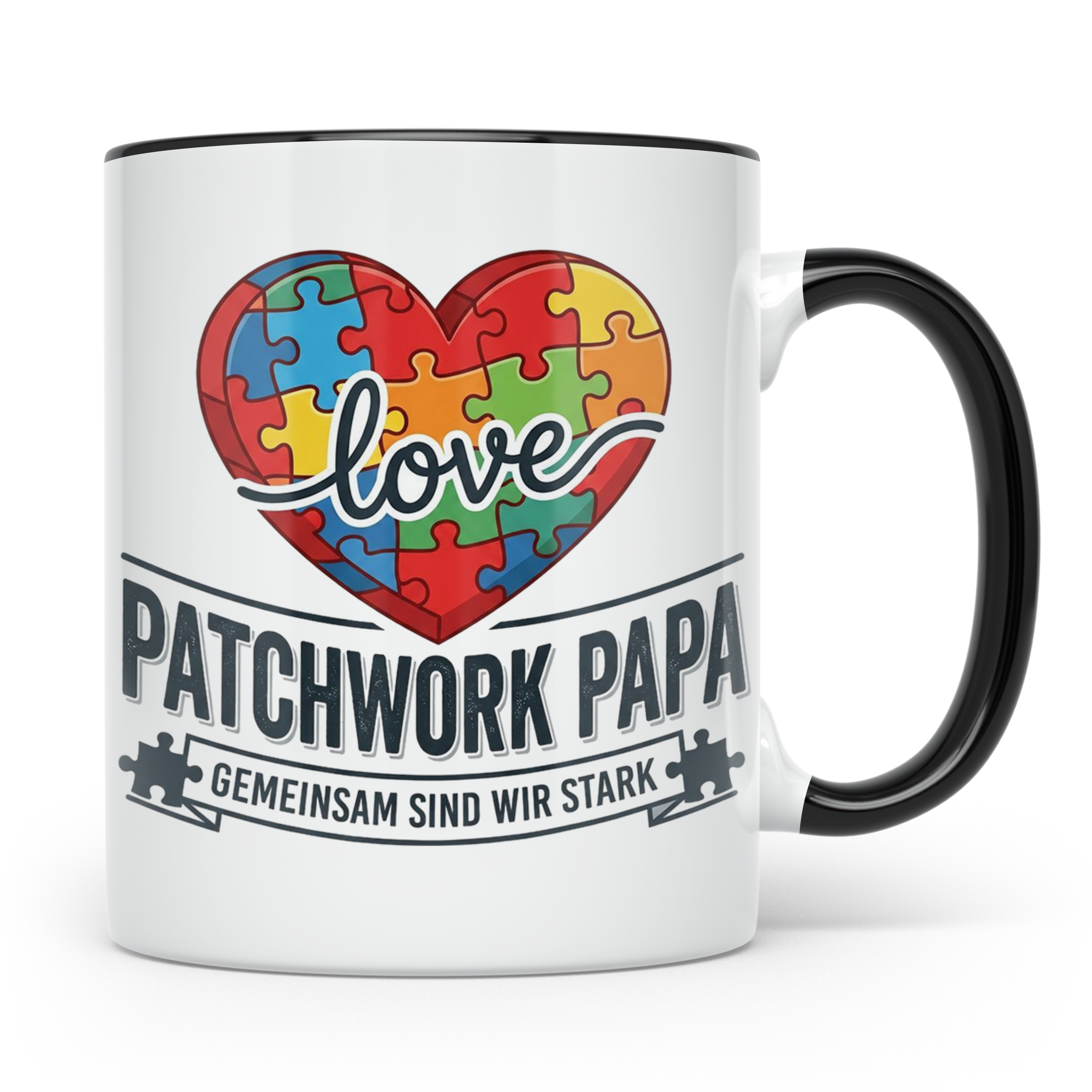 Patchwork Papa Tasse mit Puzzle Herz Spruch Gemeinsam sind w – Schwarz [farbe:schwarz]