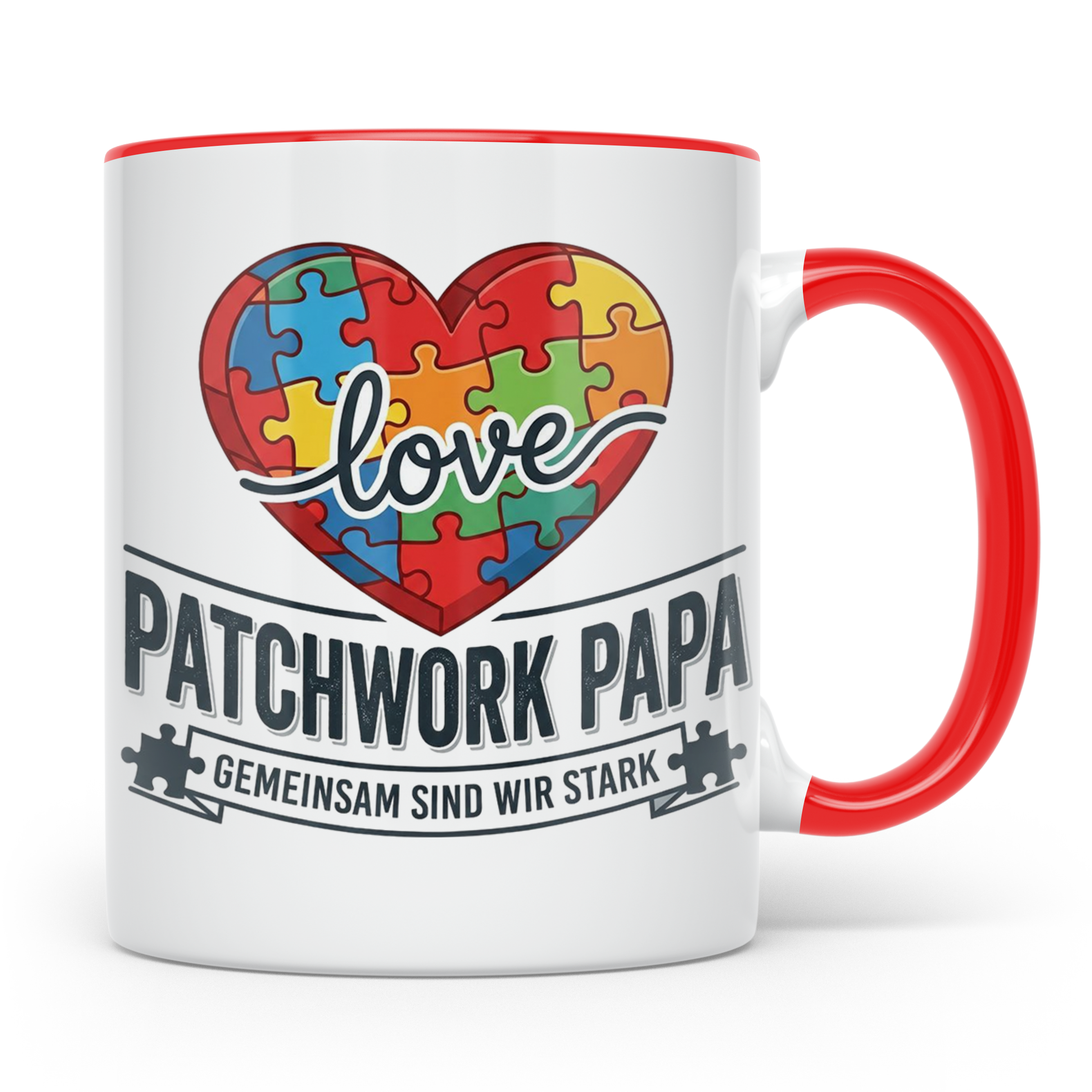 Patchwork Papa Tasse mit Puzzle Herz Spruch Gemeinsam sind w – Rot [farbe:rot]
