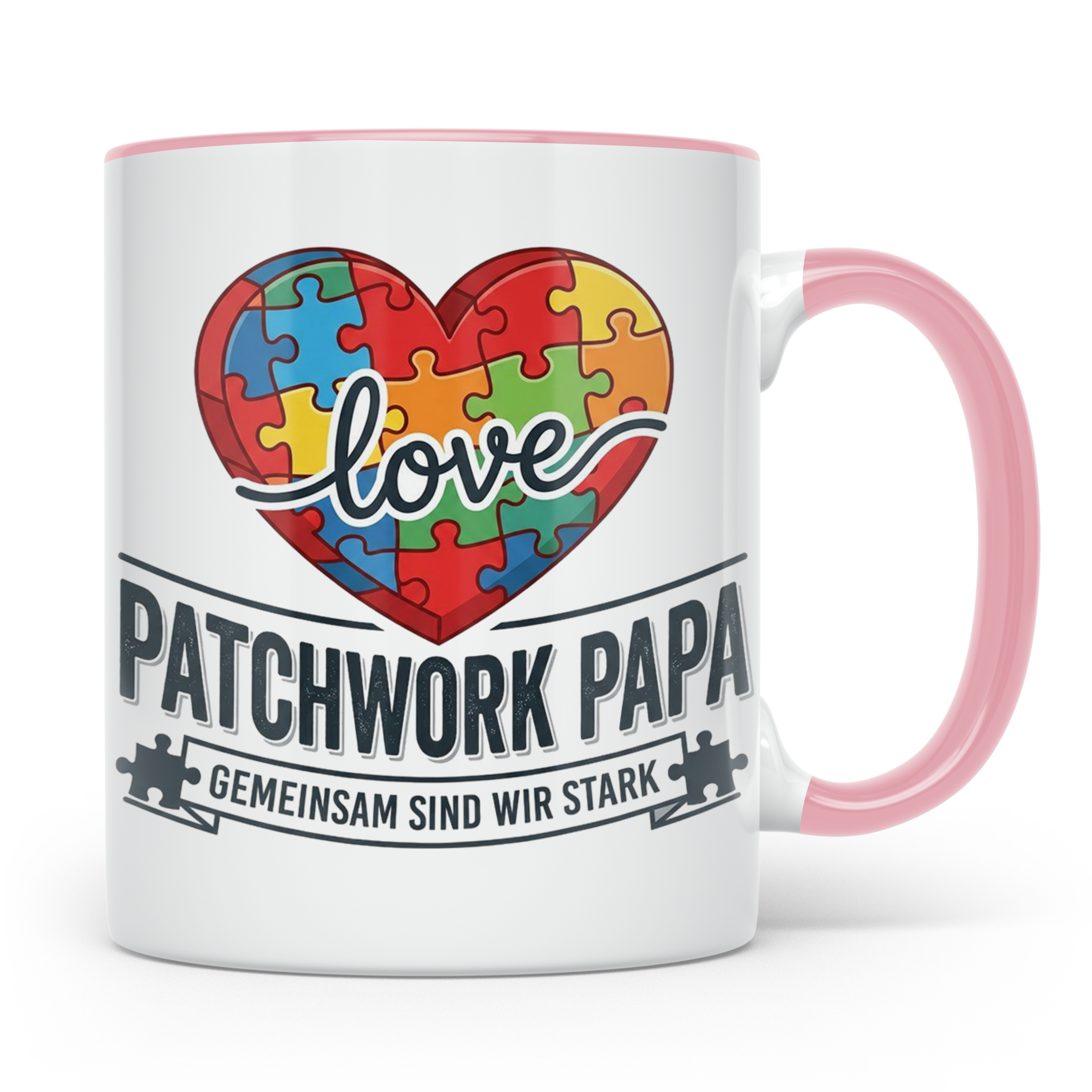 Patchwork Papa Tasse mit Puzzle Herz Spruch Gemeinsam sind w – Rosa [farbe:rosa]