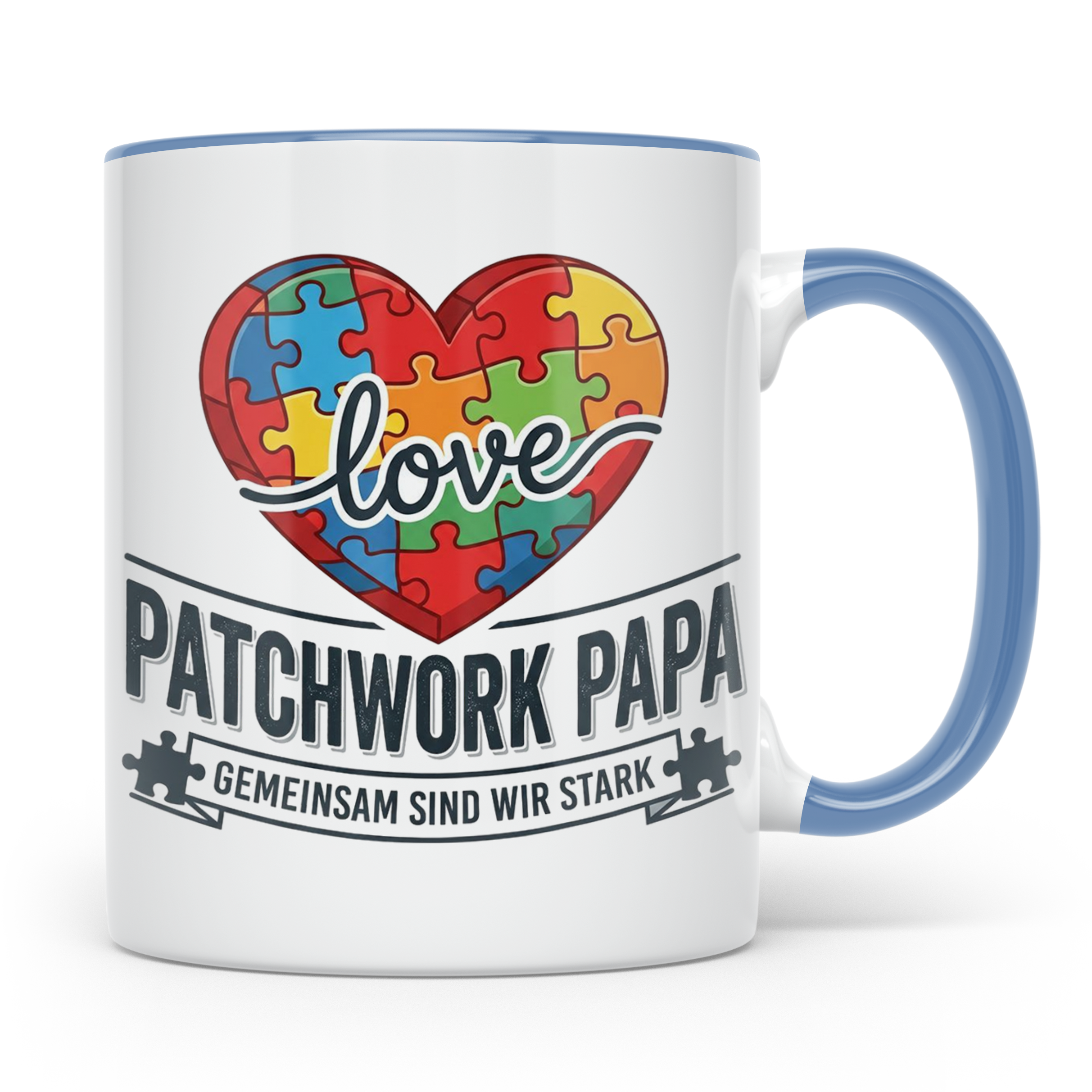 Patchwork Papa Tasse mit Puzzle Herz Spruch Gemeinsam sind w – Blau [farbe:blau]