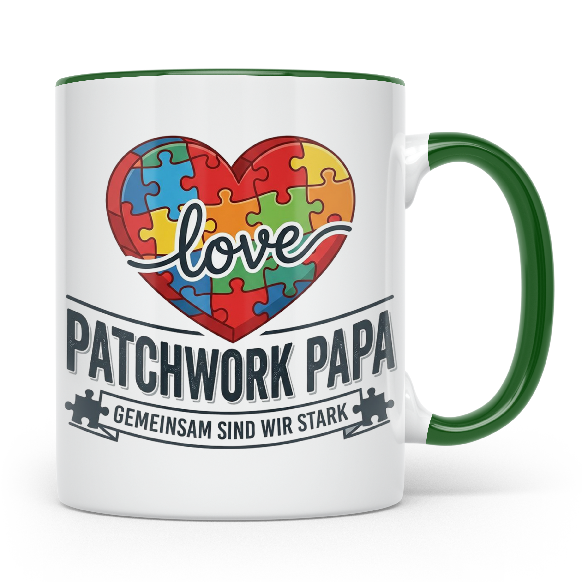 Patchwork Papa Tasse mit Puzzle Herz Spruch Gemeinsam sind w – Grün [farbe:grün]