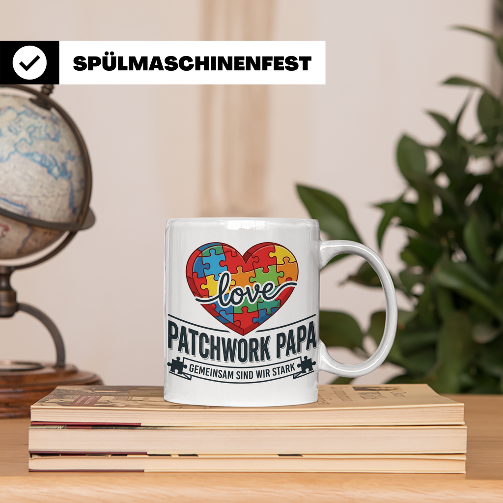 Patchwork Papa Tasse mit Puzzle Herz Spruch Gemeinsam sind w – Weiß [farbe:weiß]