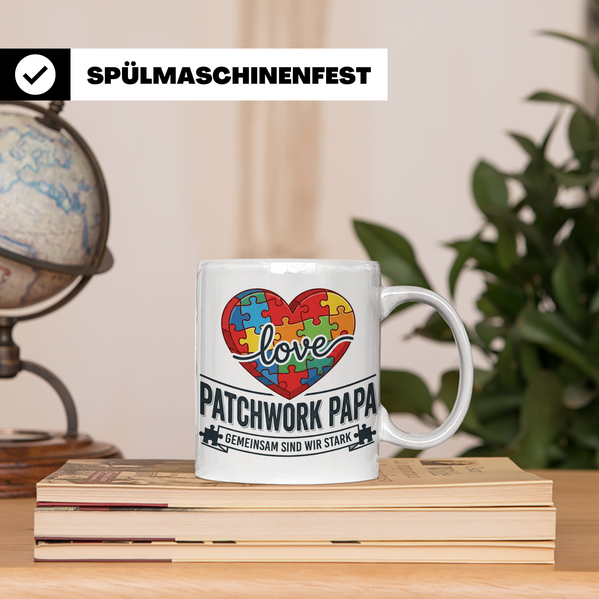 Patchwork Papa Tasse mit Puzzle Herz Spruch Gemeinsam sind w – Weiß [farbe:weiß]