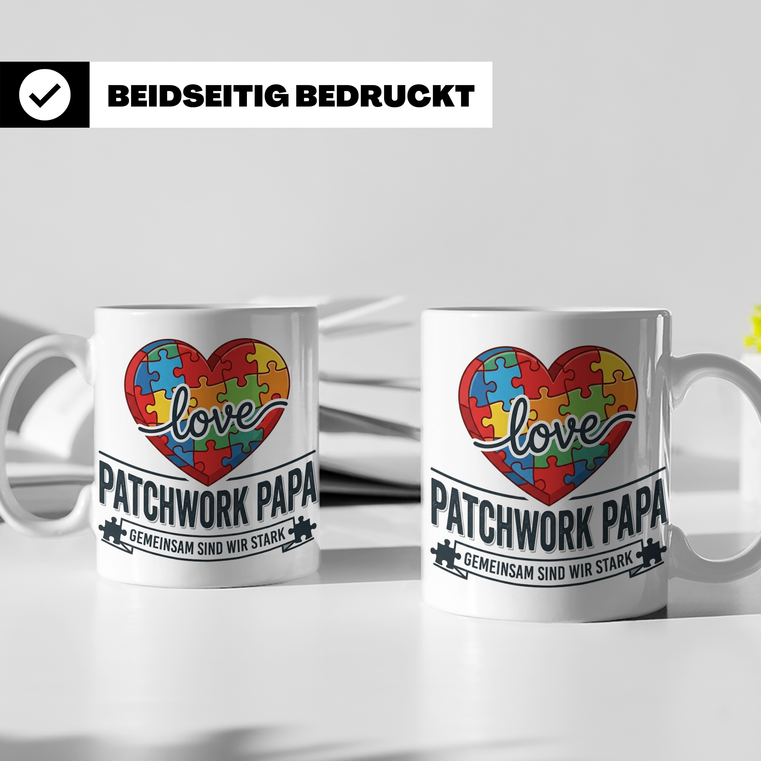 Patchwork Papa Tasse mit Puzzle Herz Spruch Gemeinsam sind w – Weiß [farbe:weiß]