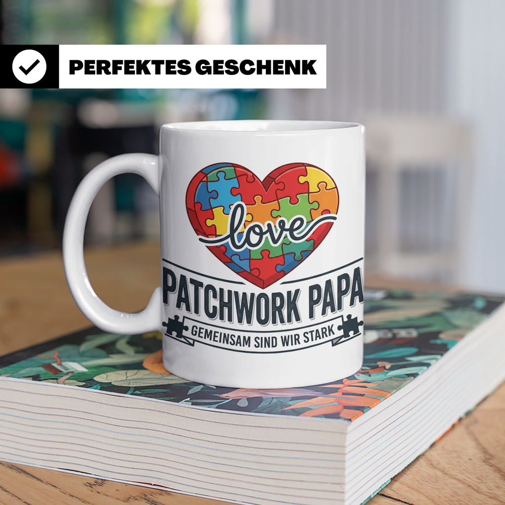 Patchwork Papa Tasse mit Puzzle Herz Spruch Gemeinsam sind w – Weiß [farbe:weiß]