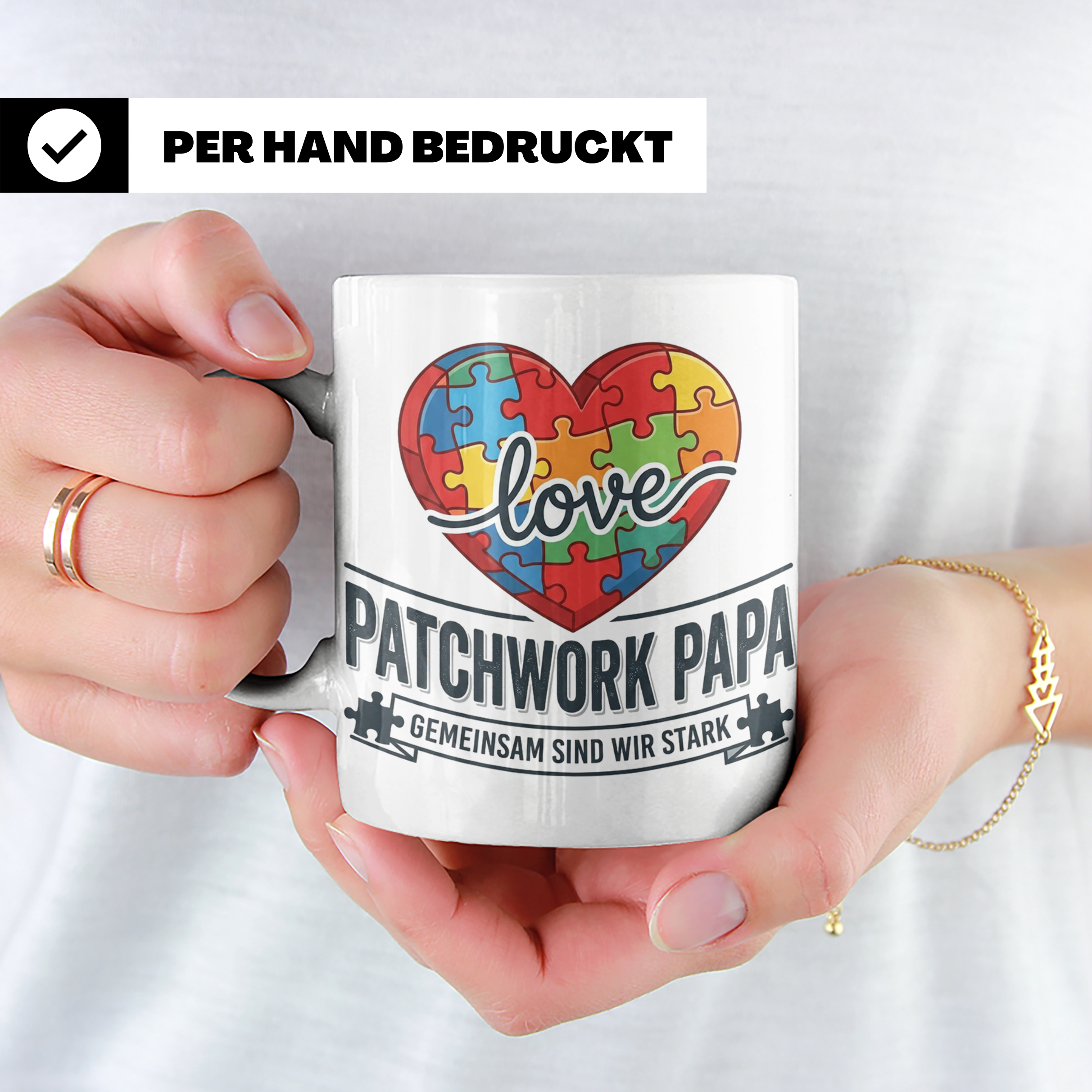 Patchwork Papa Tasse mit Puzzle Herz Spruch Gemeinsam sind w – Weiß [farbe:weiß]