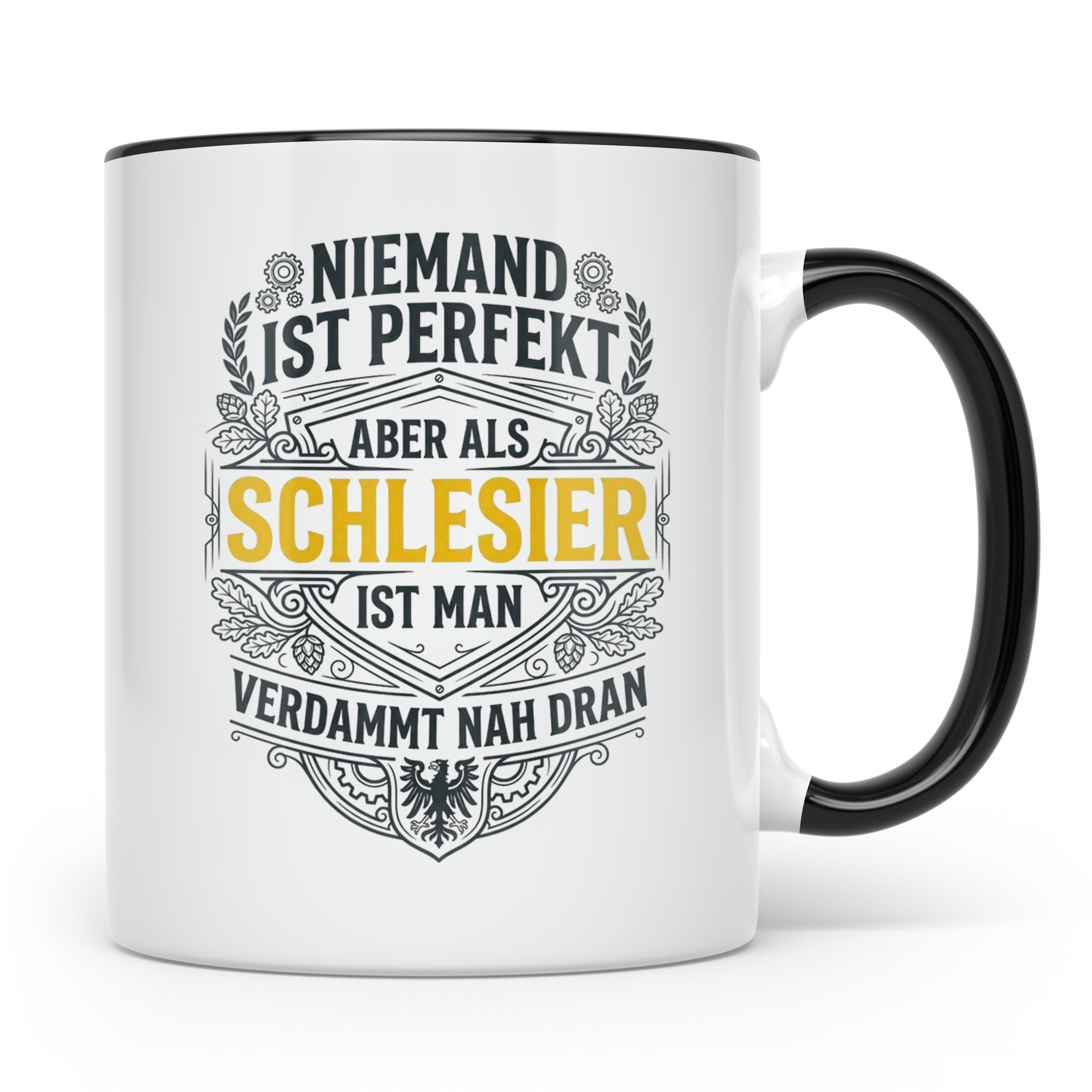 Schlesier Tasse mit Spruch Niemand ist perfekt, Geschenk Hei – Schwarz [farbe:schwarz]