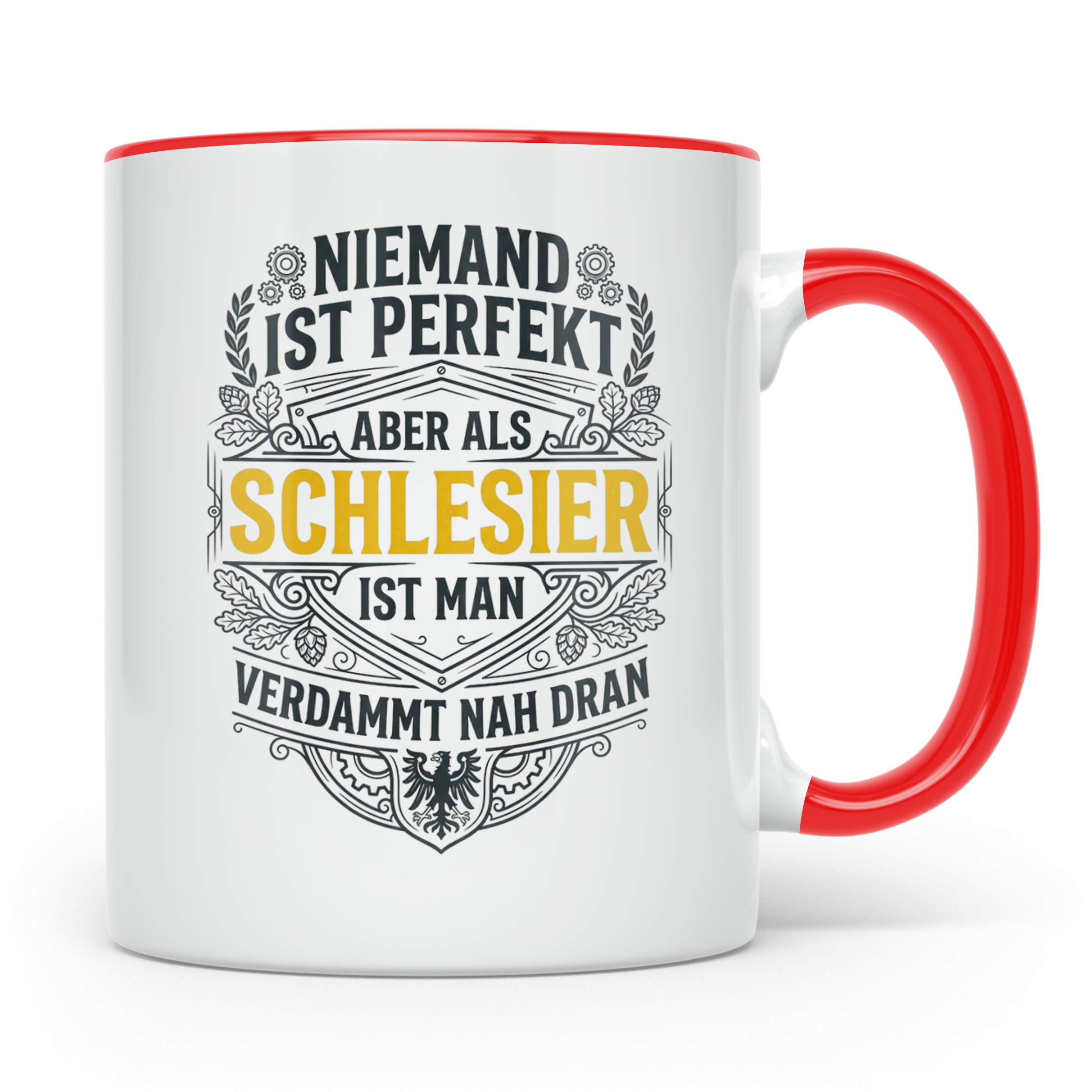 Schlesier Tasse mit Spruch Niemand ist perfekt, Geschenk Hei – Rot [farbe:rot]