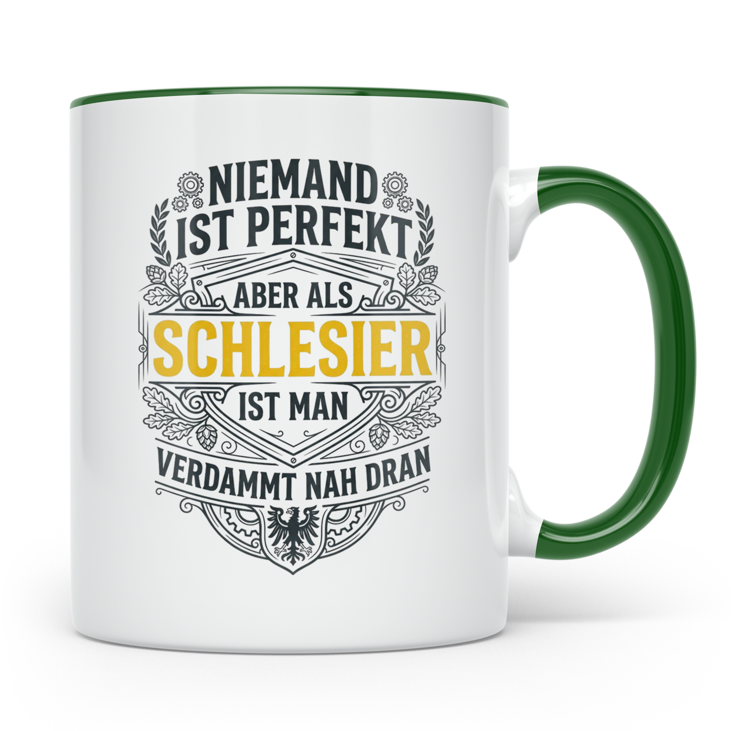 Schlesier Tasse mit Spruch Niemand ist perfekt, Geschenk Hei – Grün [farbe:grün]
