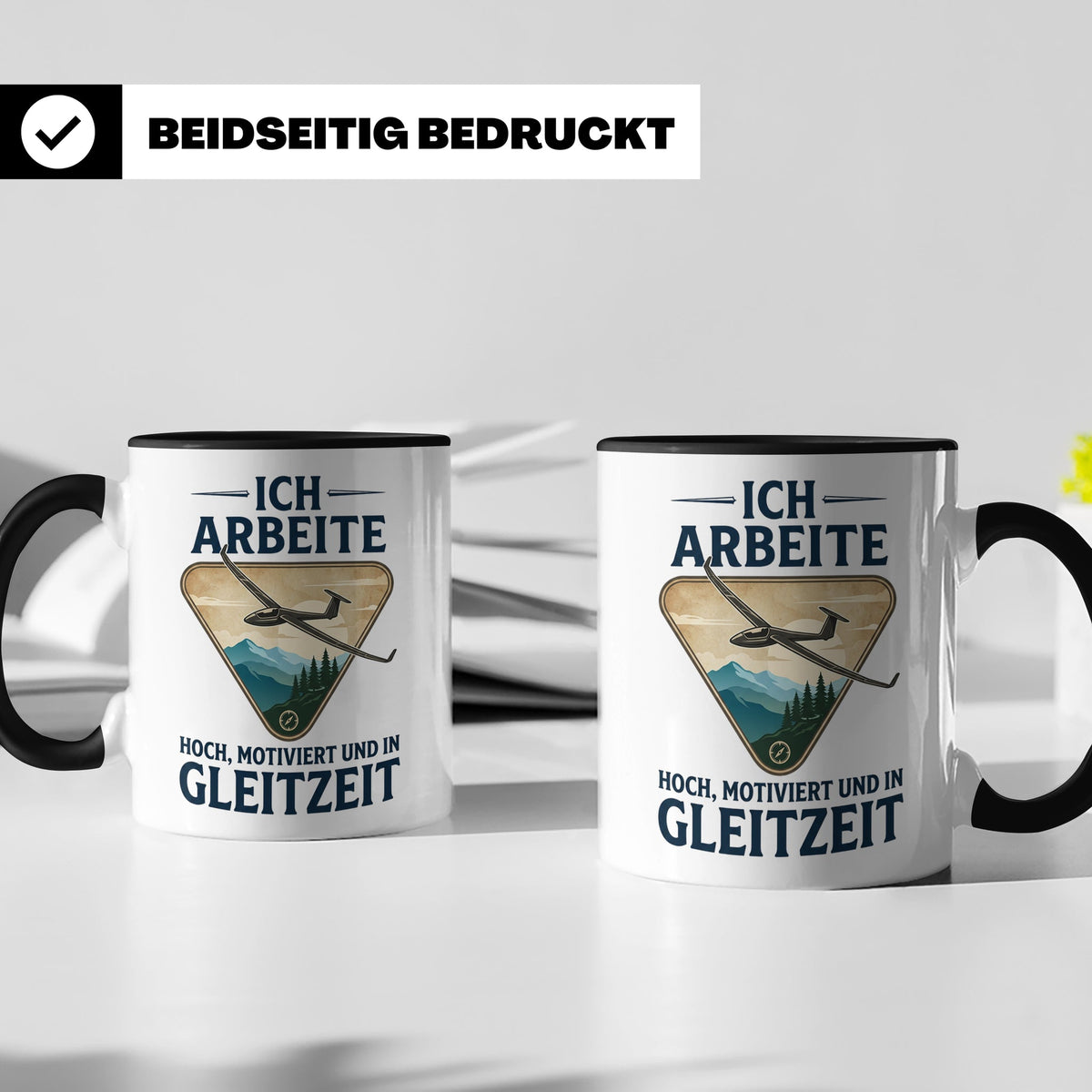 Segelflieger Tasse mit Spruch Gleitzeit | Geschenk für Pilot – Schwarz [farbe:schwarz]